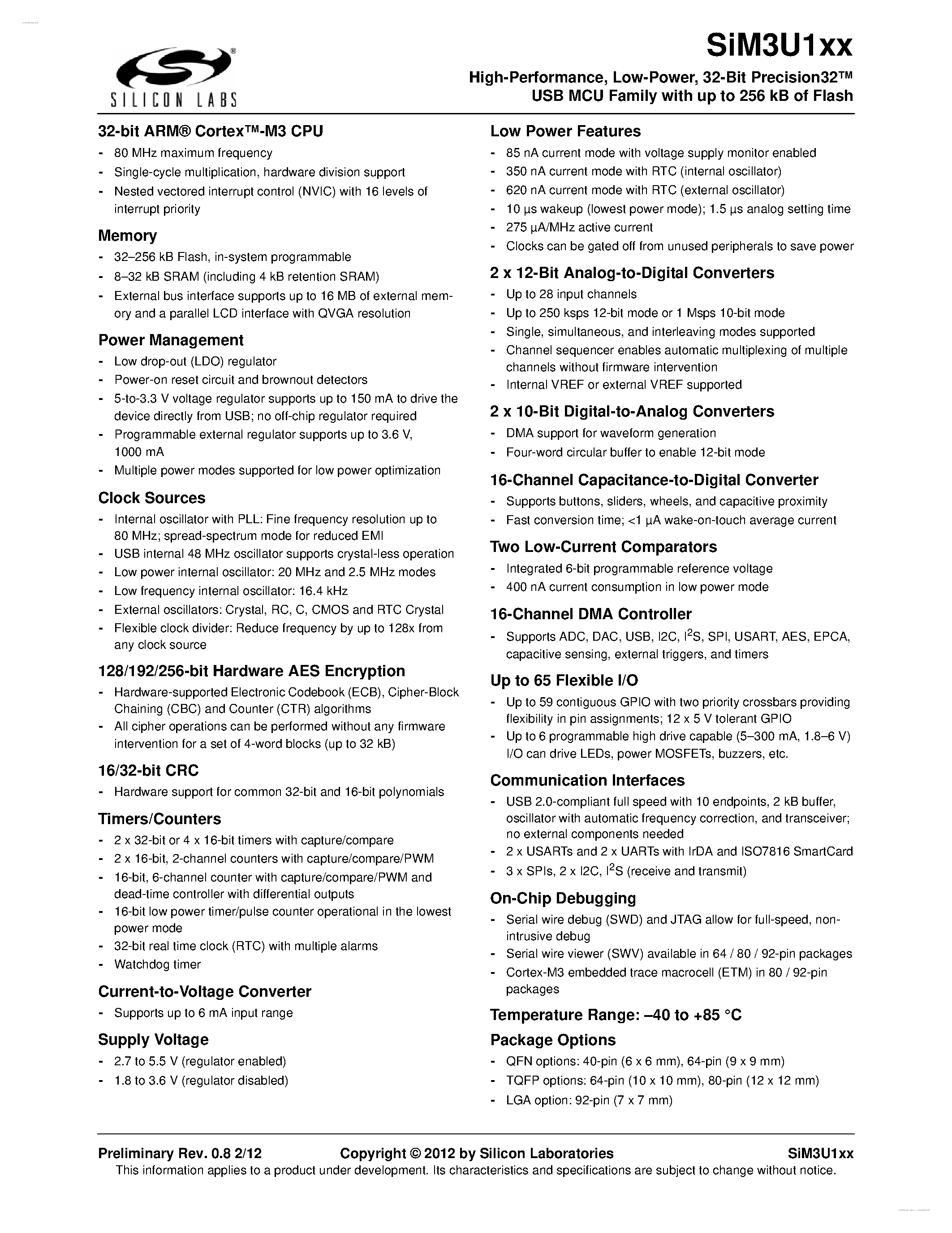 Datasheet SiM3U134-B-GM - 32-Bit Precision32 USB MCU page 1