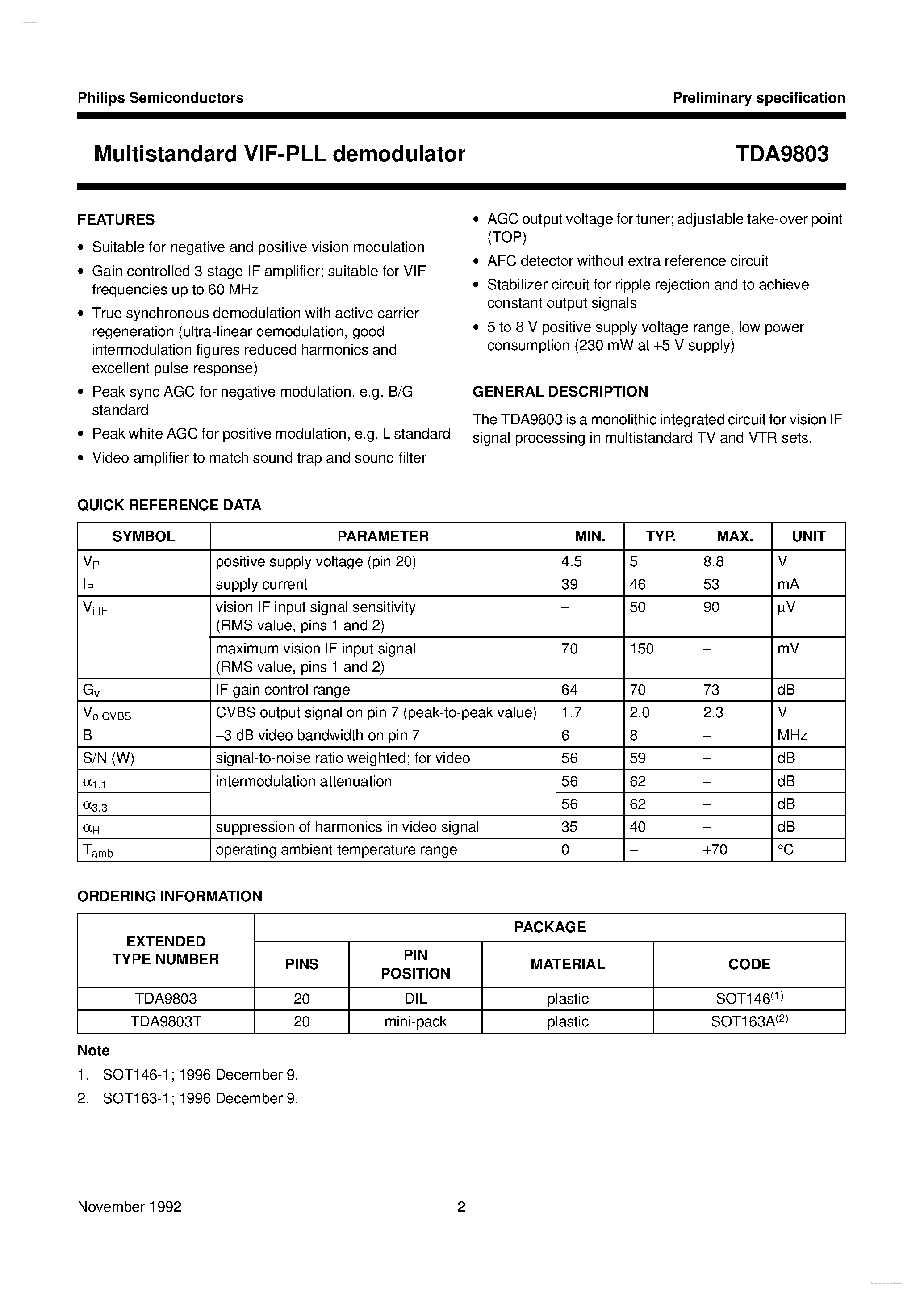 Даташит TDA9803 - Multistandard VIF-PLL demodulator страница 2