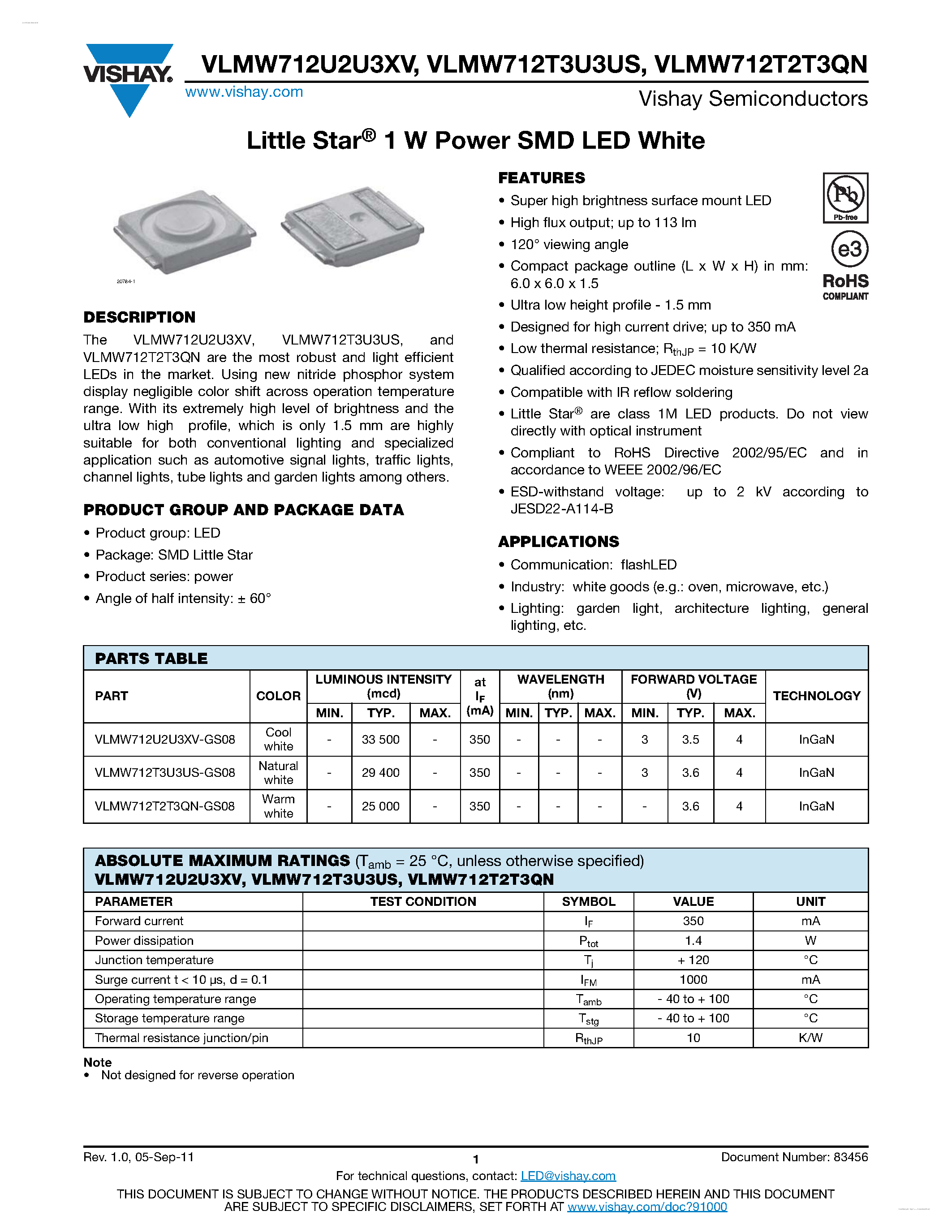 Даташит VLMW712T2T3QN - 1 W Power SMD LED White страница 1