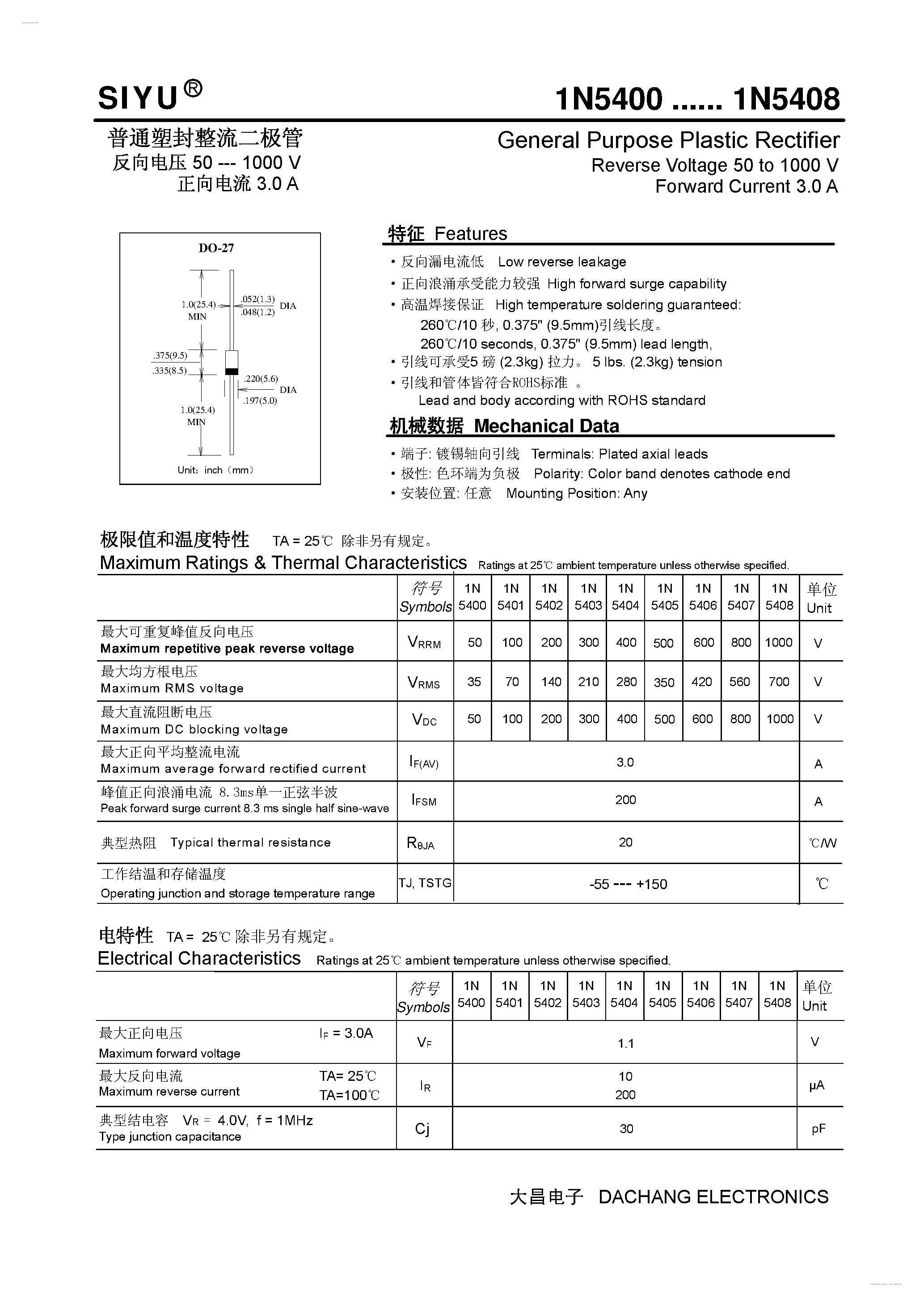 Datasheet 1N5404 - (1N5400 - 1N5408) General Purpose Plastic Rectifier page 1