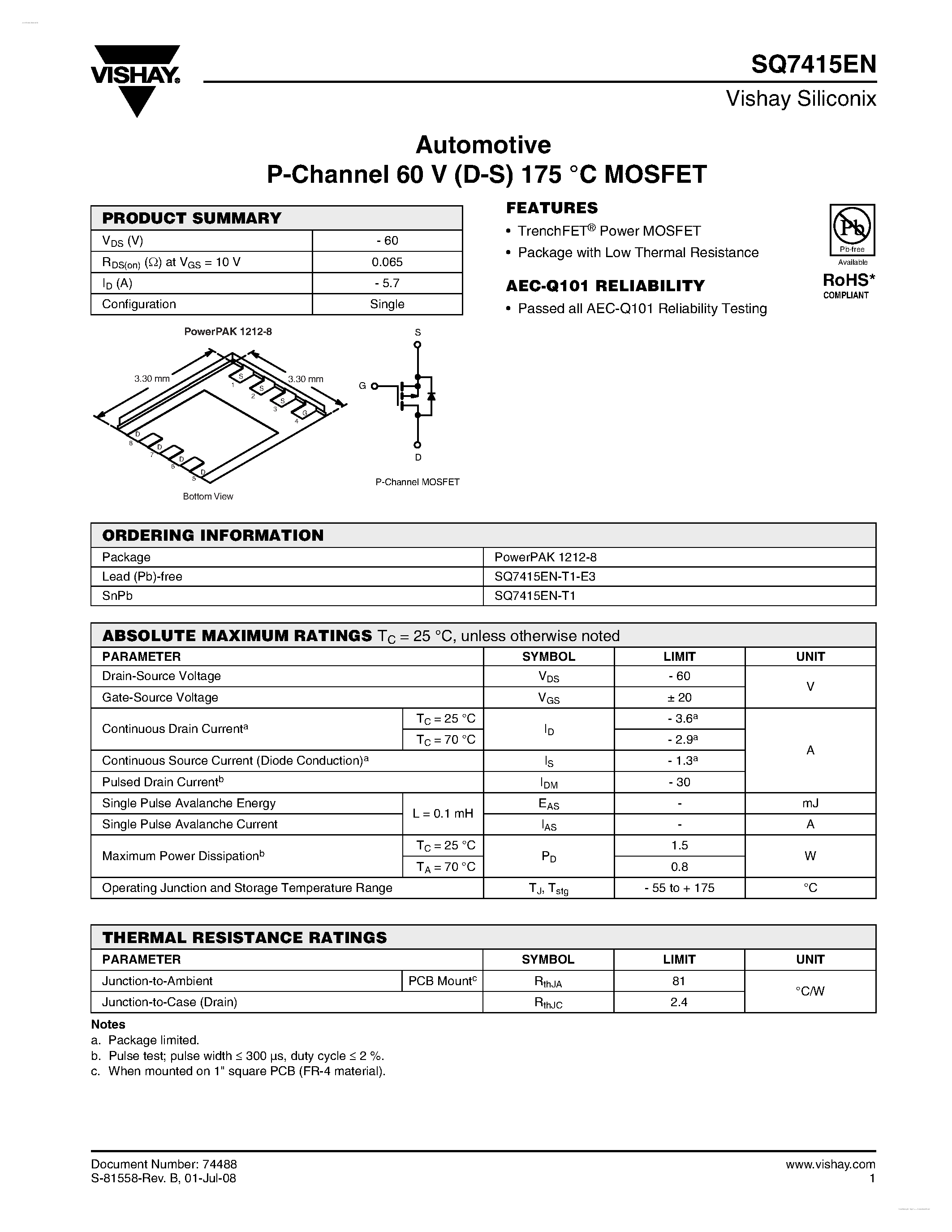 Даташит SQ7415EN - Automotive P-Channel MOSFET страница 1