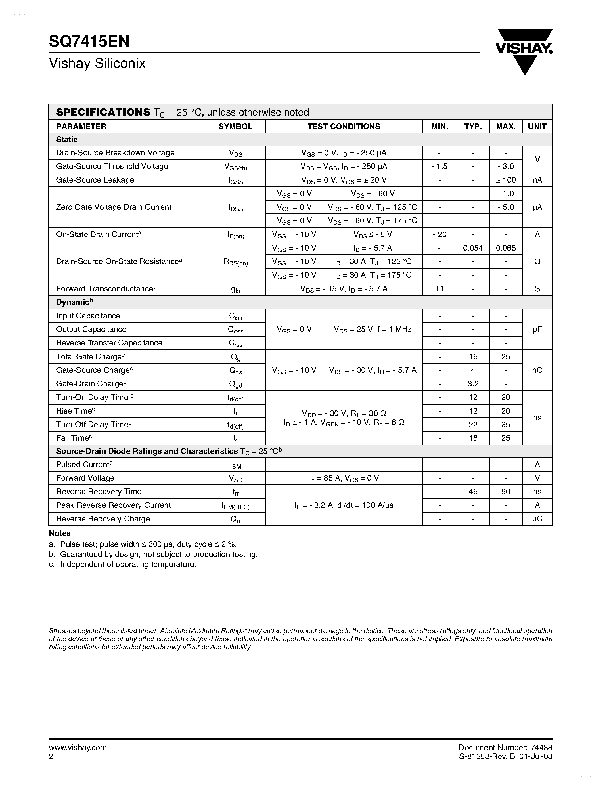 Даташит SQ7415EN - Automotive P-Channel MOSFET страница 2