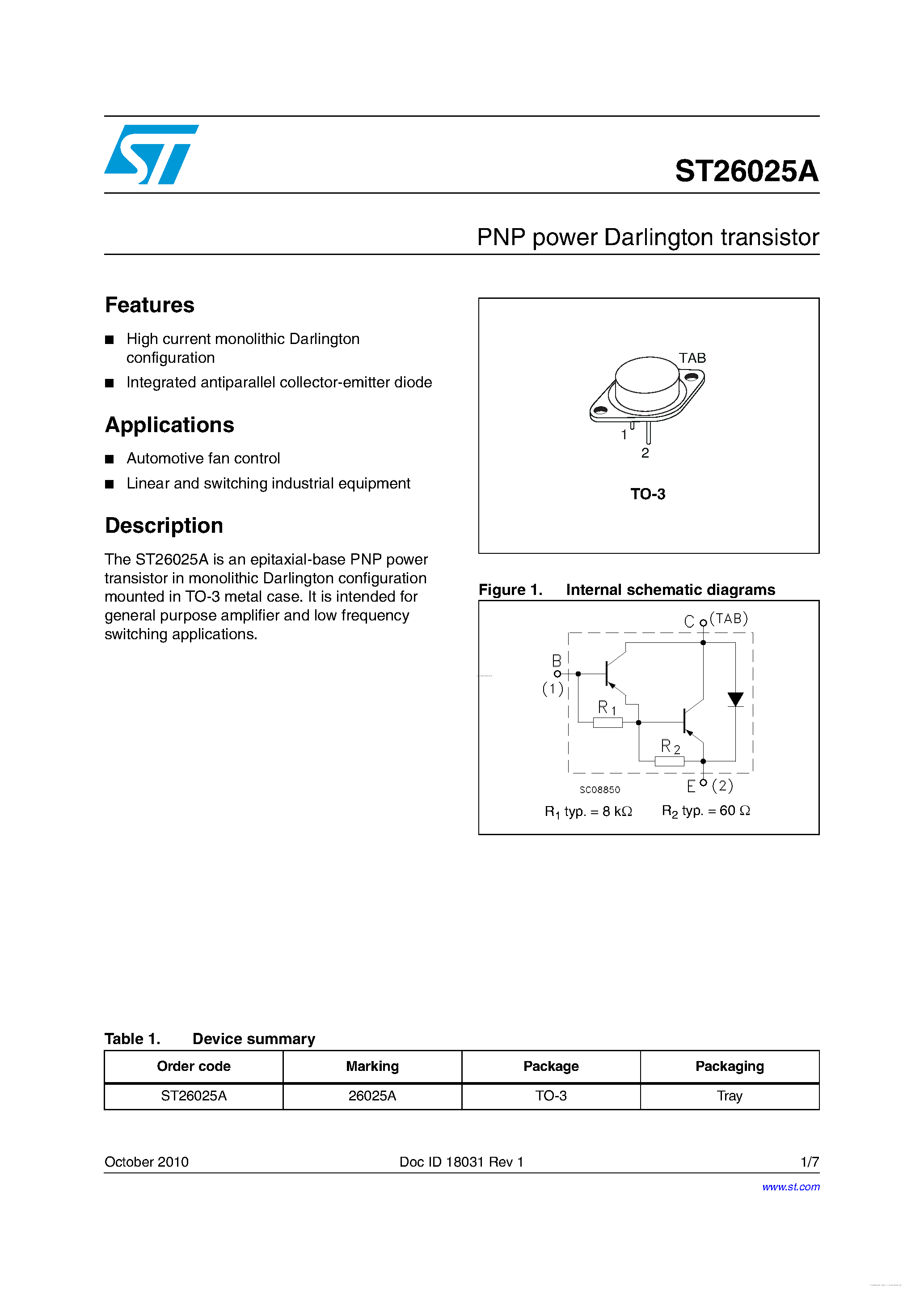 Даташит ST26025A - PNP power Darlington transistor страница 1