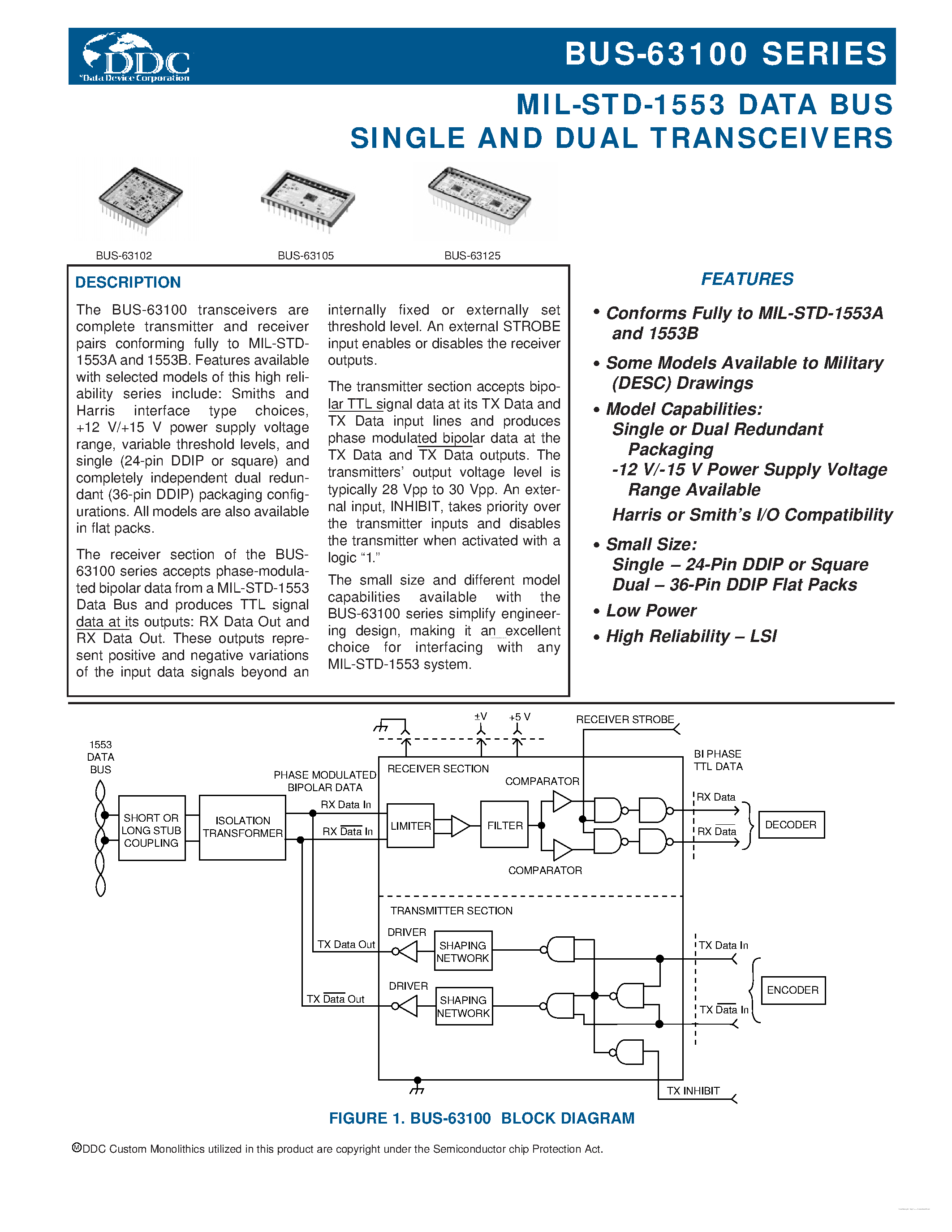 Даташит BUS-63100 - MIL-STD-1553 DATA BUS SINGLE AND DUAL TRANSCEIVERS страница 1