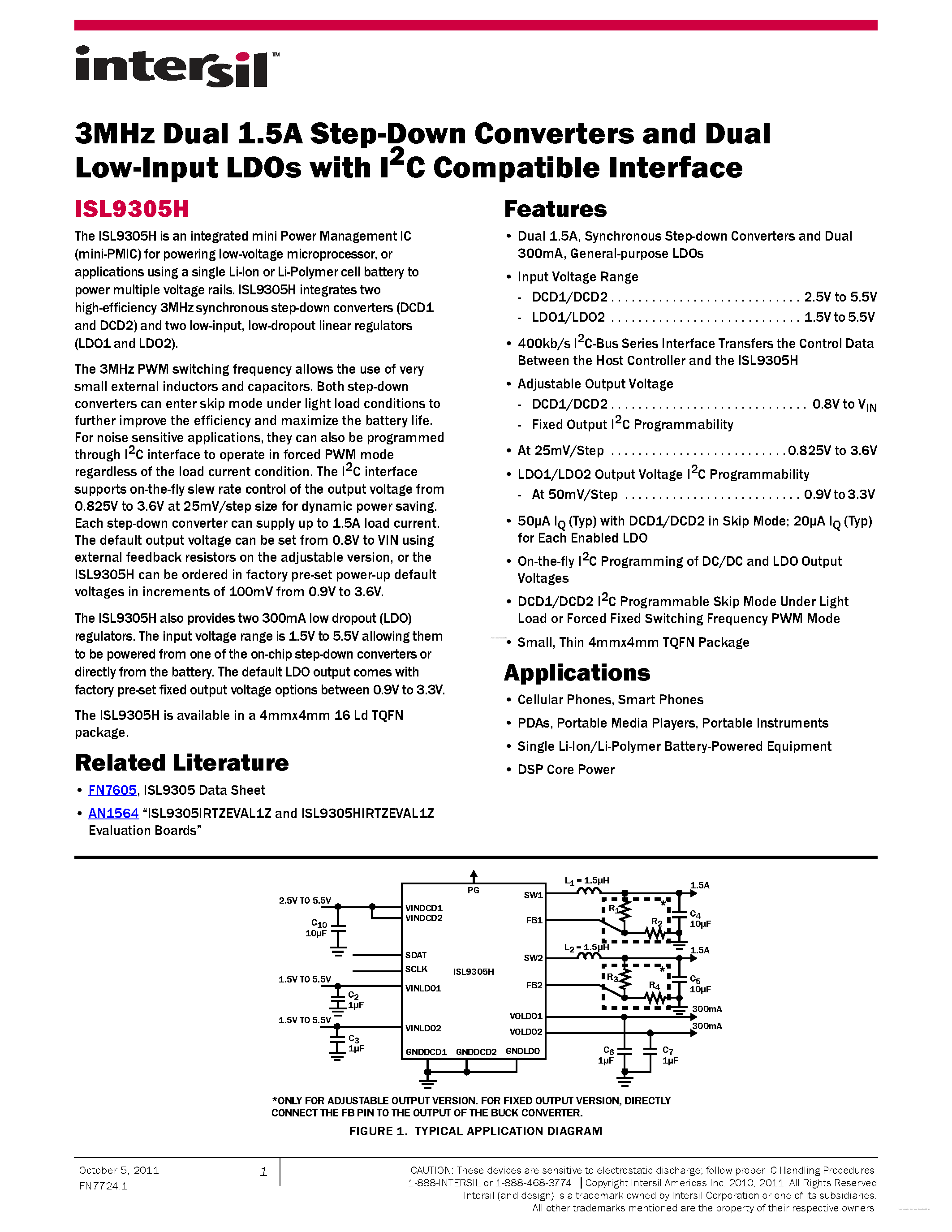 Datasheet ISL9305H - 3MHz Dual 1.5A Step-Down Converters and Dual Low-Input LDOs page 1