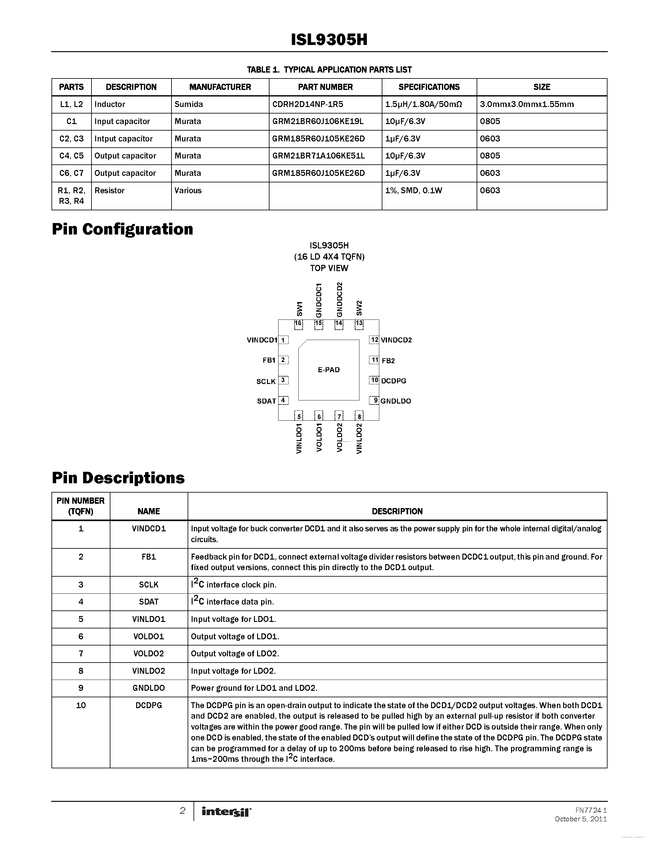 Datasheet ISL9305H - 3MHz Dual 1.5A Step-Down Converters and Dual Low-Input LDOs page 2