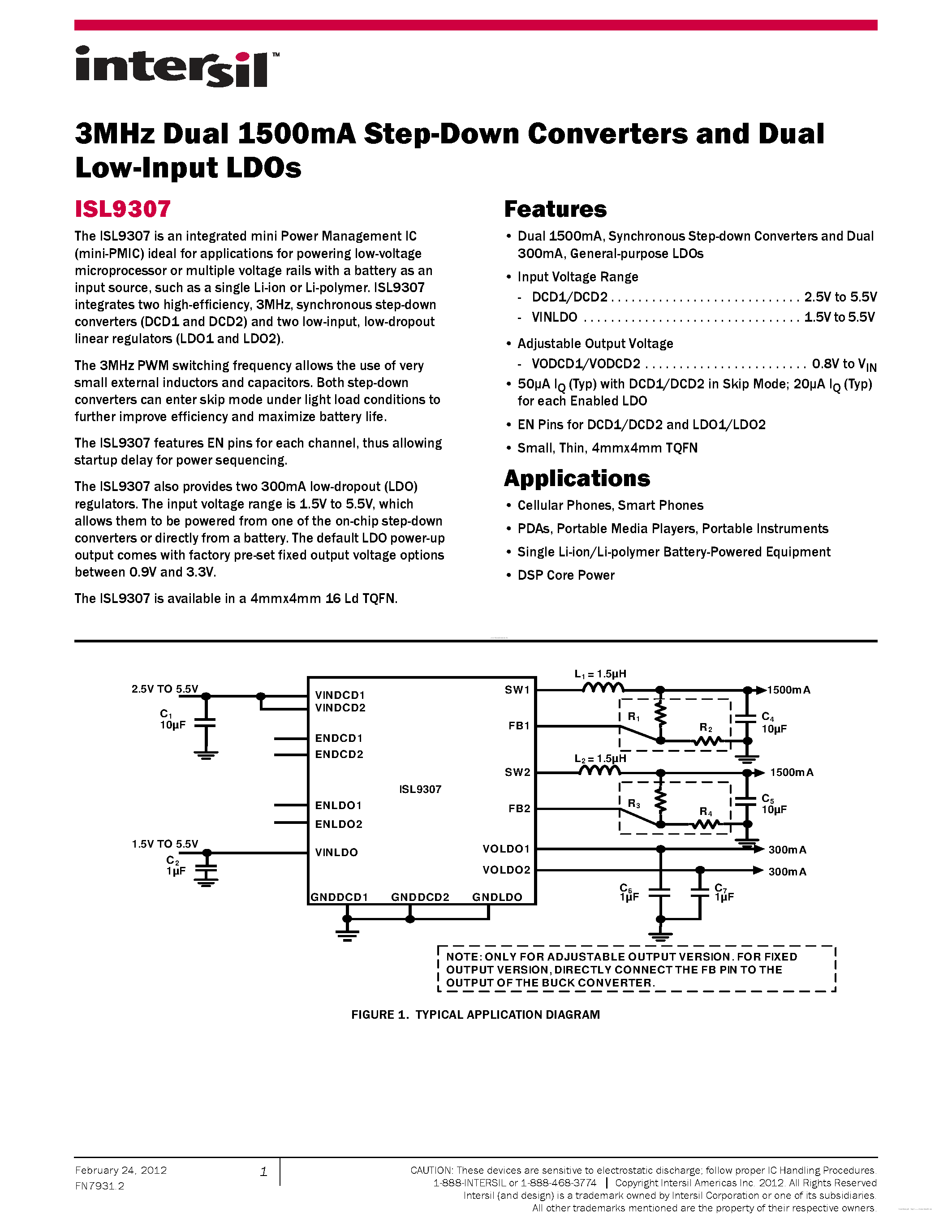 Datasheet ISL9307 - 3MHz Dual 1500mA Step-Down Converters and Dual Low-Input LDOs page 1