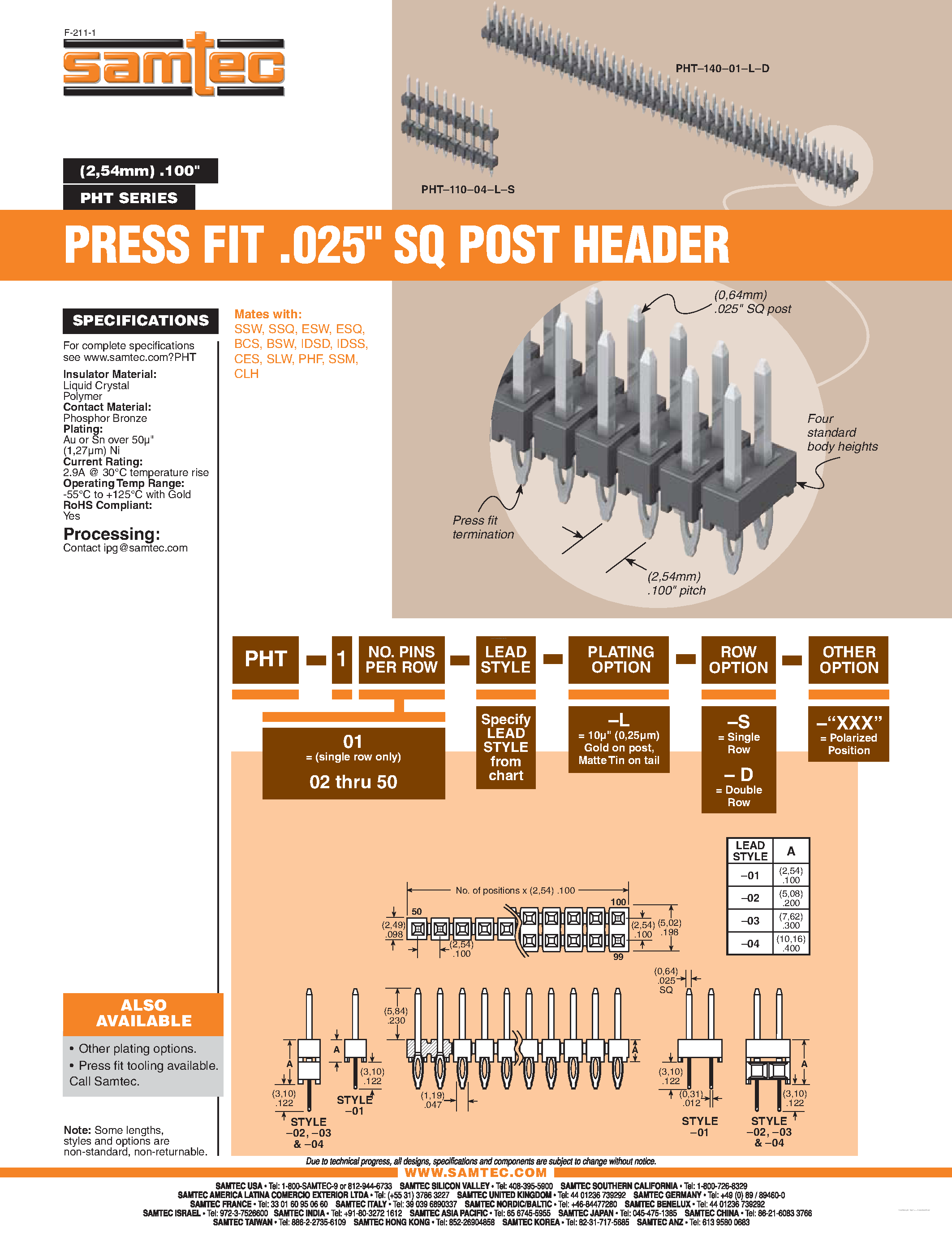 Datasheet PHT-10x-xx-L-x - PRESS FIT .025 SQ POST HEADER page 1