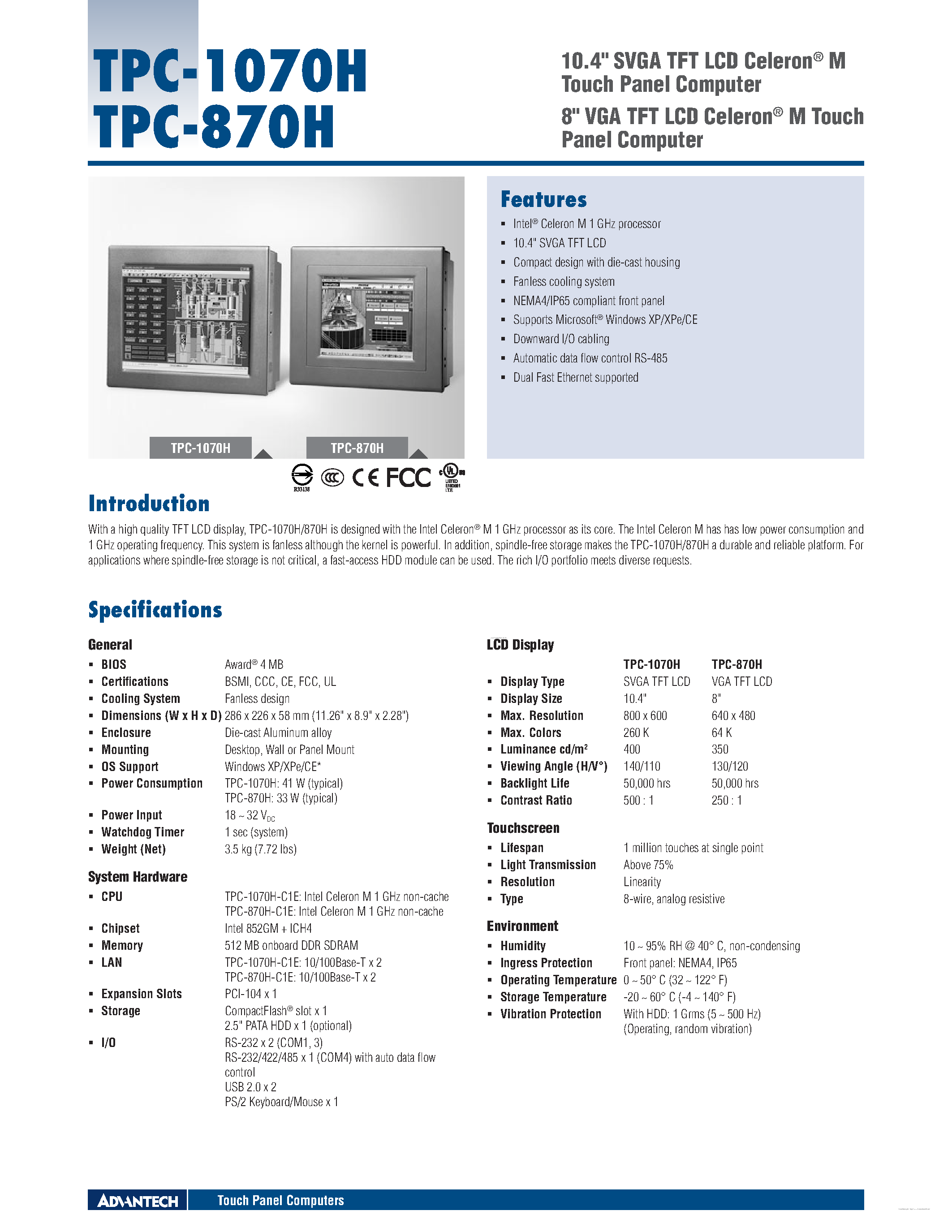 Datasheet TPC-1070H - (TPC-870H / TPC-1070H) 10.4 SVGA TFT LCD Celeron Touch Panel Computer page 1