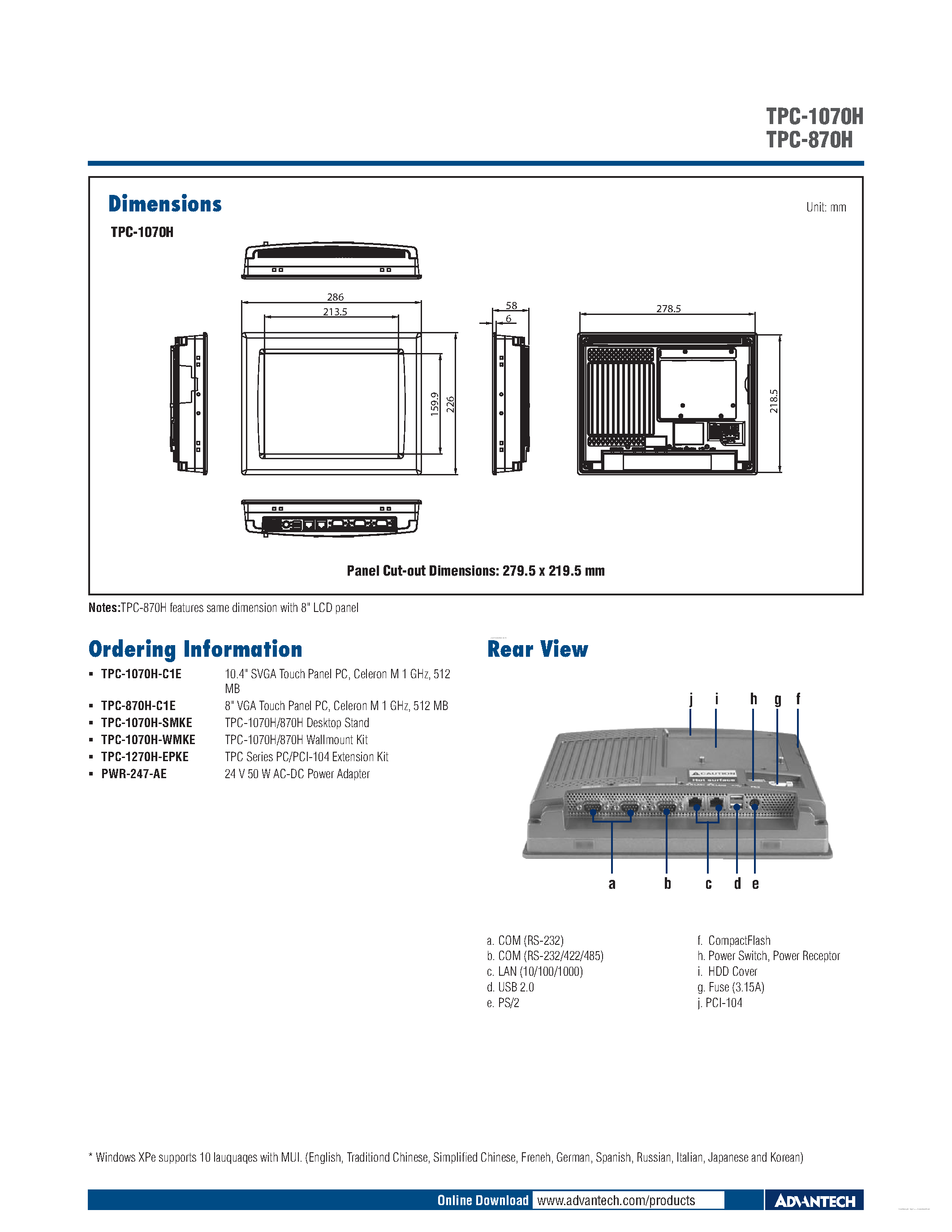 Datasheet TPC-1070H - (TPC-870H / TPC-1070H) 10.4 SVGA TFT LCD Celeron Touch Panel Computer page 2