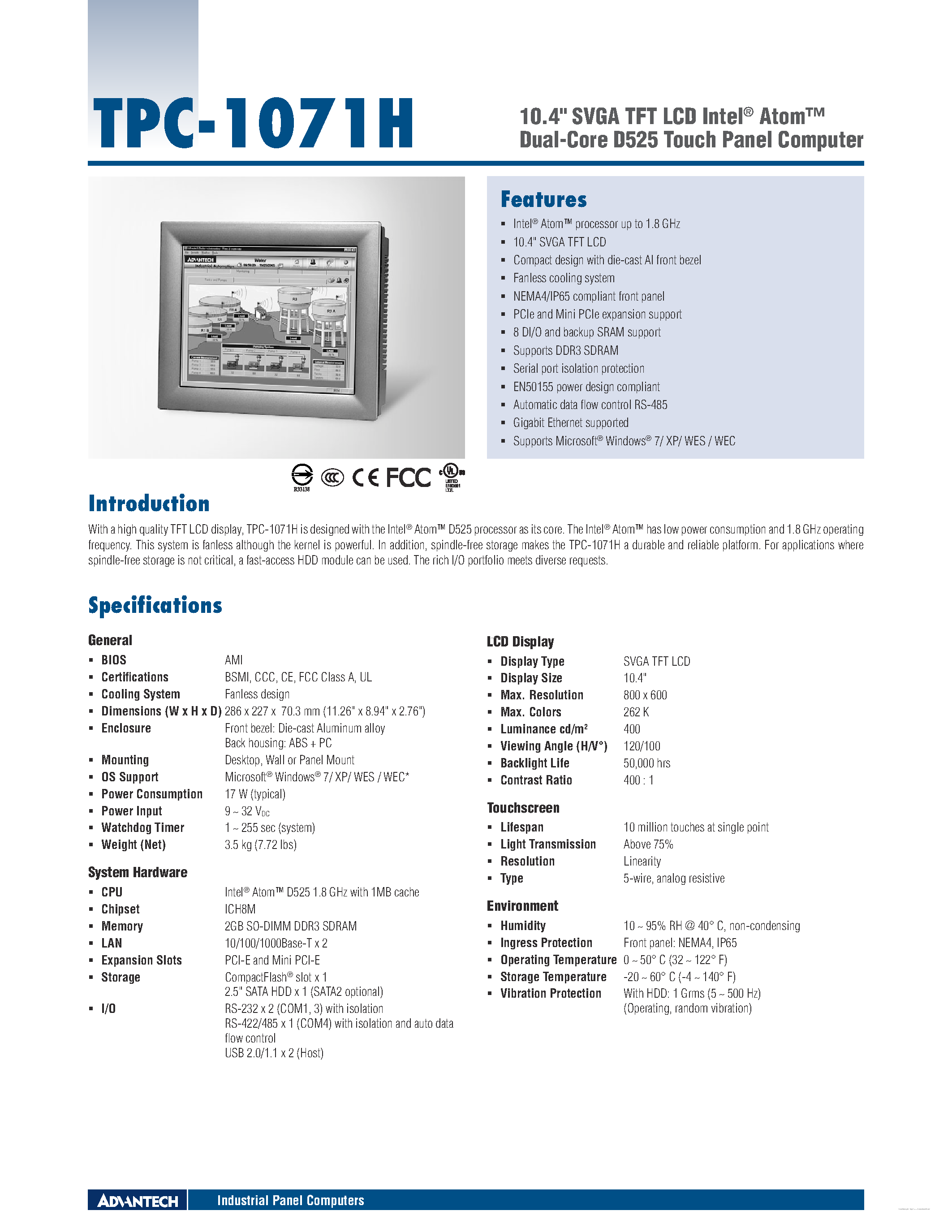 Datasheet TPC-1071H - 10.4 SVGA TFT LCD Intel Atom Dual-Core D525 Touch Panel Computer page 1