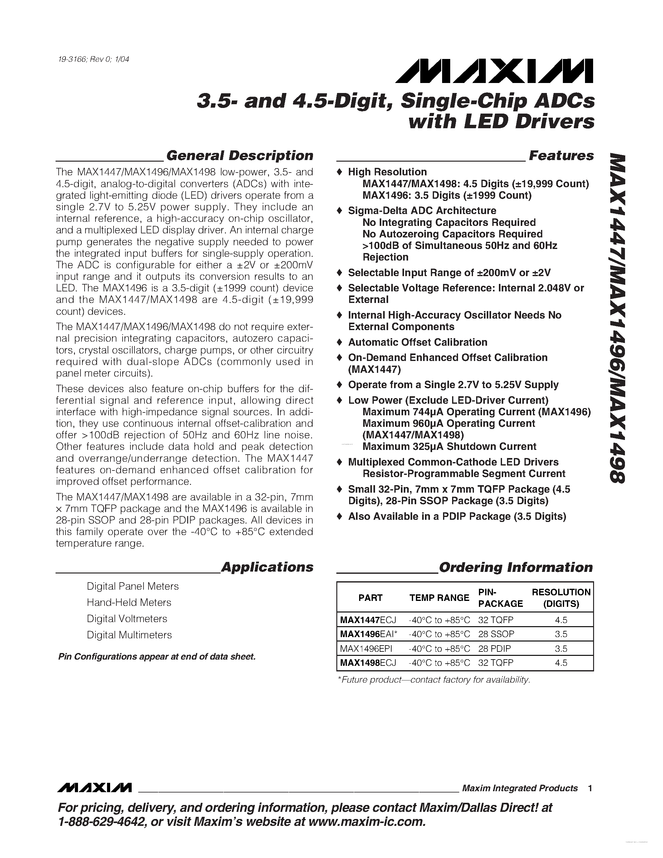 Даташит MAX1447 - (MAX1447 - MAX1498) Single-Chip ADCs страница 1