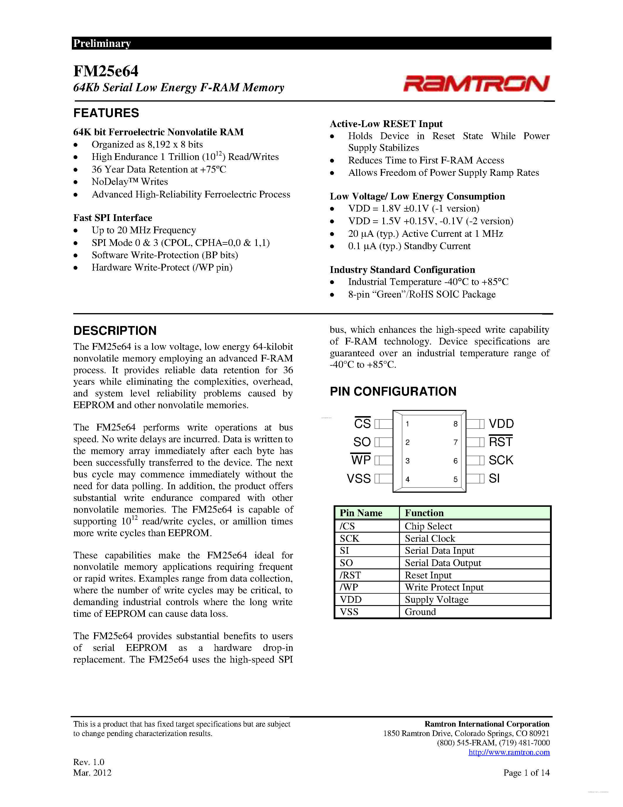 Даташит FM25e64 - 64Kb Serial Low Energy F-RAM Memory страница 1