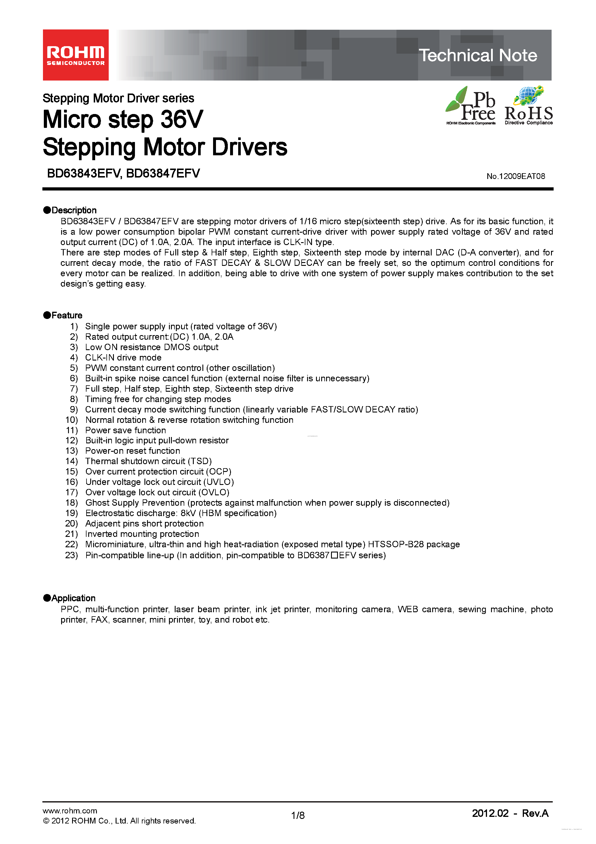 Даташит BD63843EFV - (BD63843EFV / BD63847EFV) Micro step 36V Stepping Motor Drivers страница 1