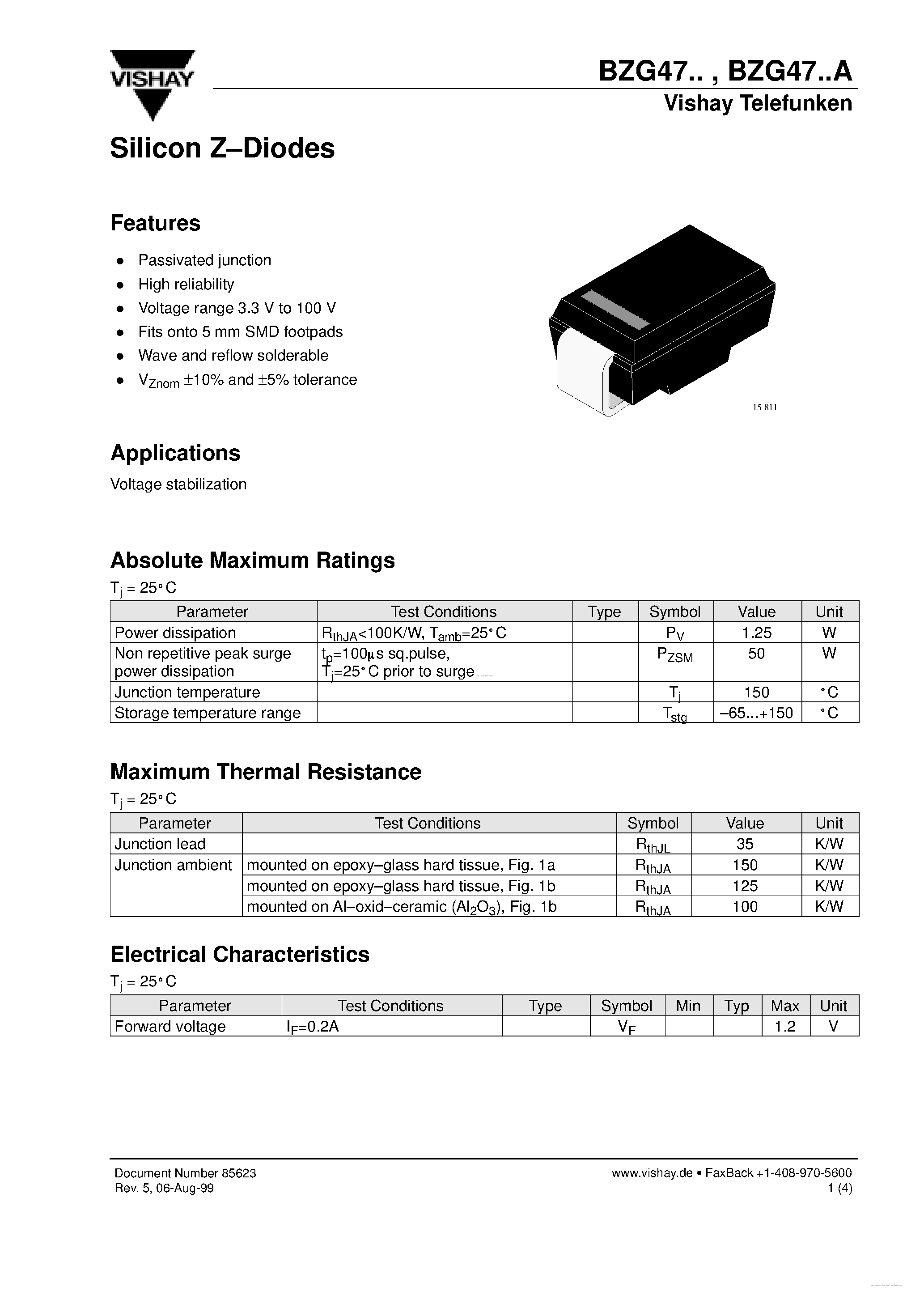 Даташит BZG47 - Silicon Z-Diodes страница 1