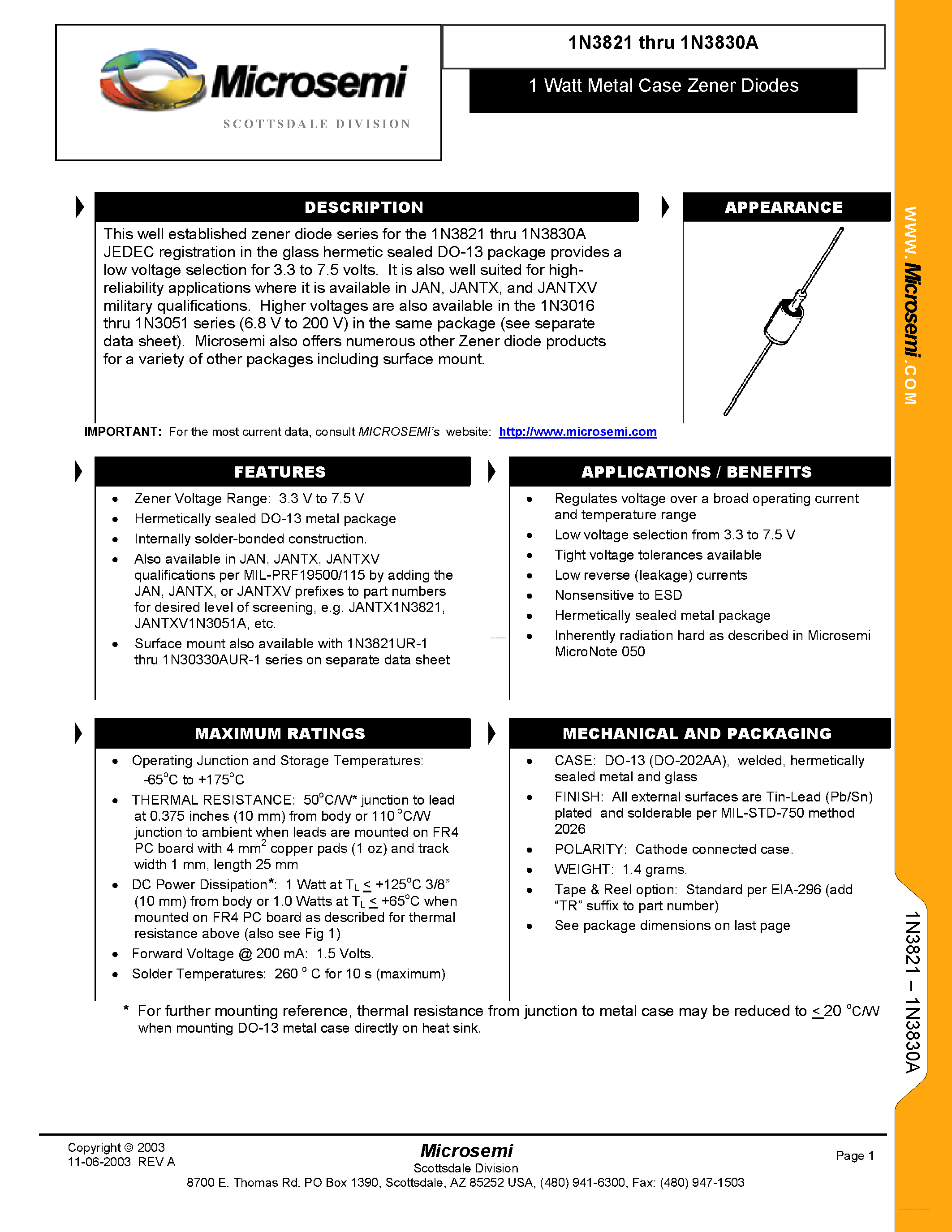 Datasheet 1N3821 - (1N3821 - 1N3830A) SILICON 1 WATT ZENER DIODES page 1