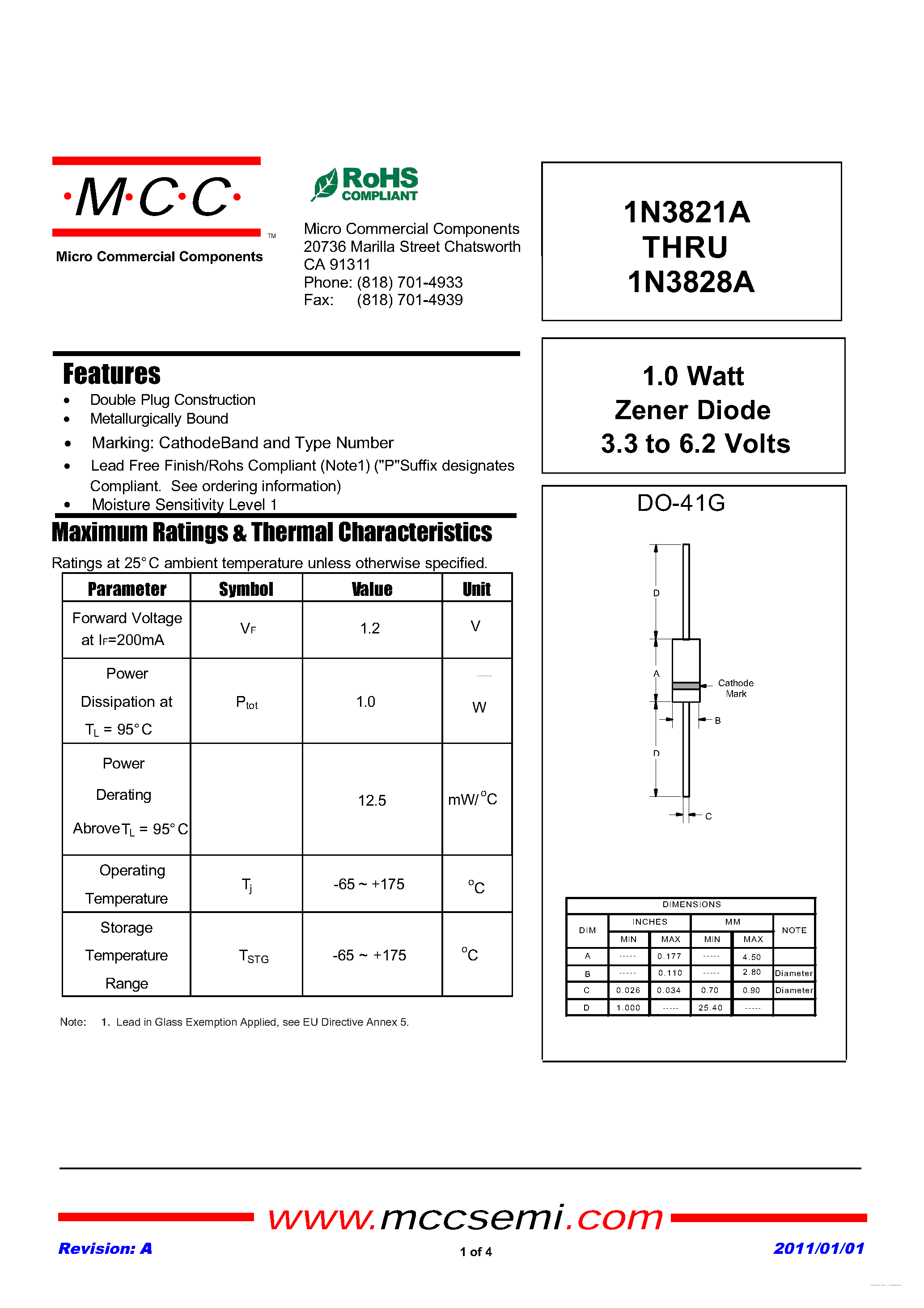 Datasheet 1N3821 - (1N3821 - 1N3828A) Zener Diode page 1