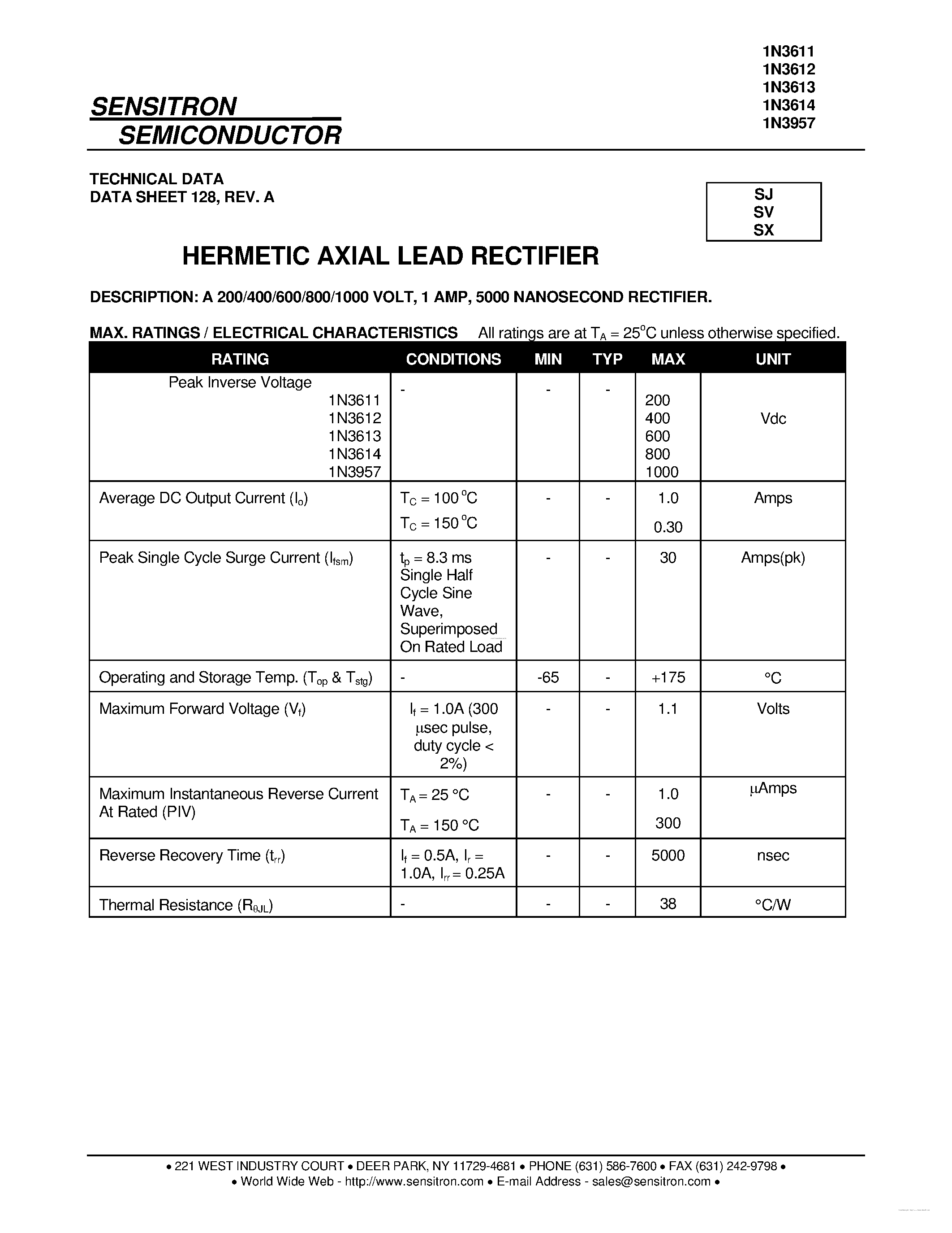 Datasheet 1N3611 - (1N3611 - 1N3975) HERMETIC AXIAL LEAD RECTIFIER page 1