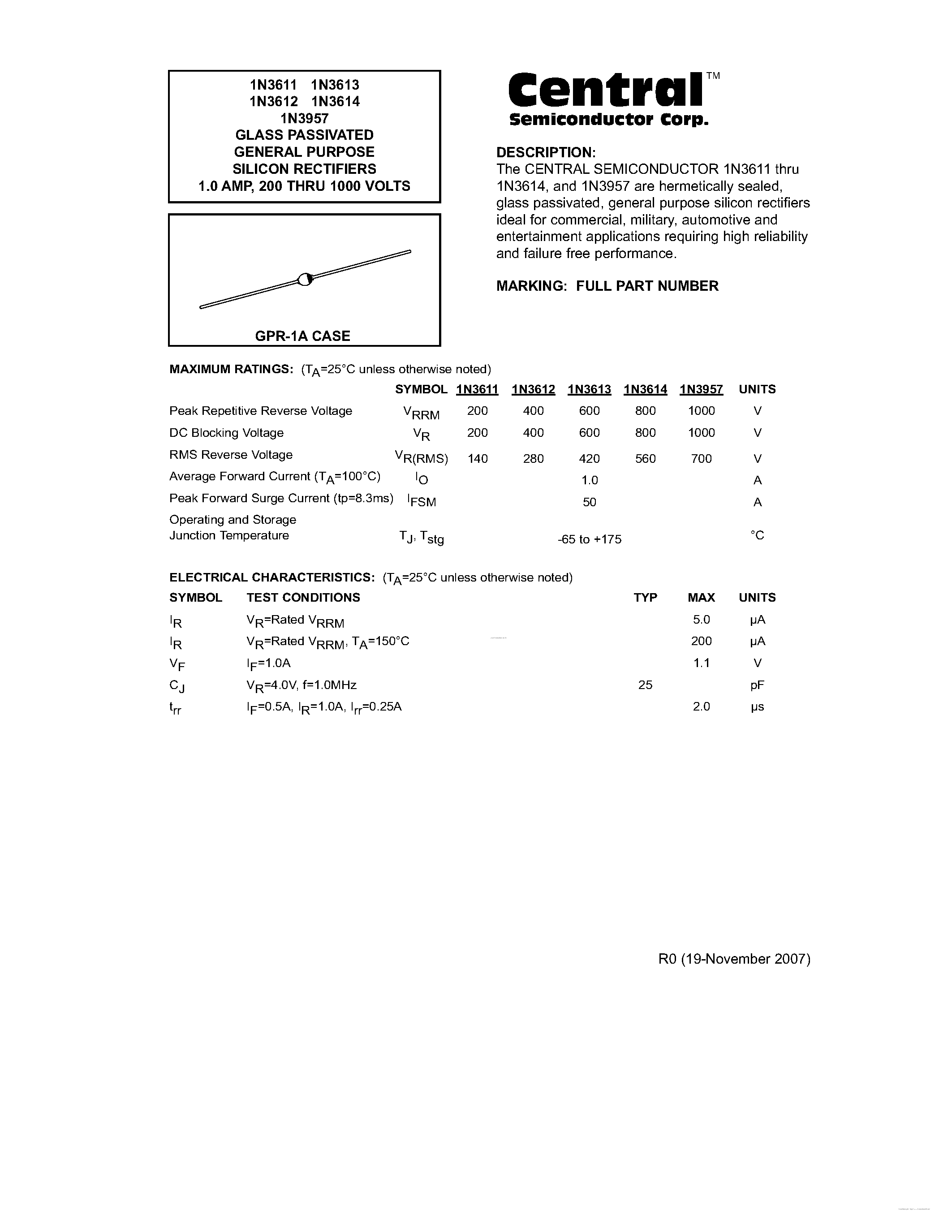 Datasheet 1N3611 - (1N3611 - 1N3957) GLASS PASSIVATED GENERAL PURPOSE SILICON RECTIFIERS page 1