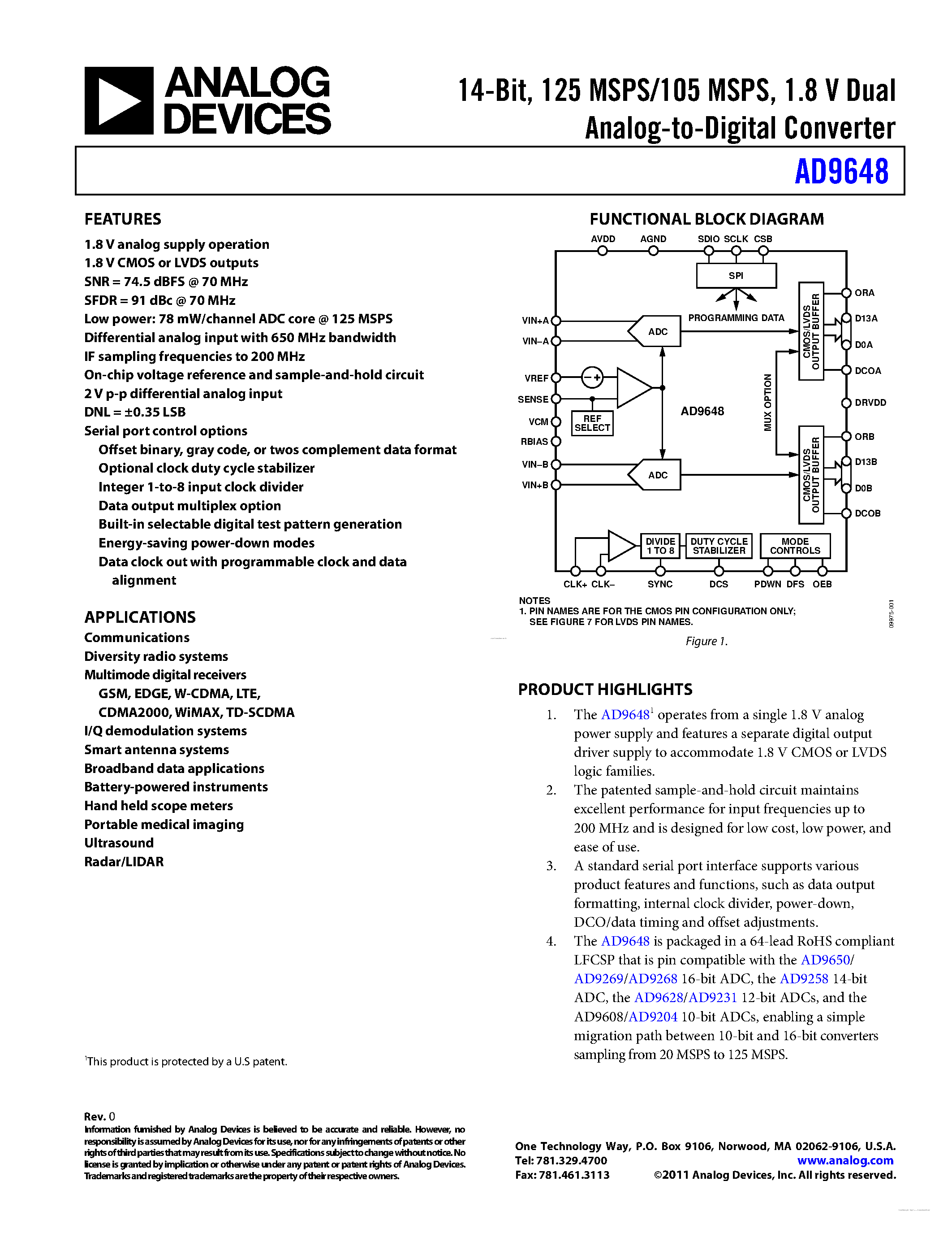 Datasheet AD9648 - 1.8 V Dual Analog-to-Digital Converter page 1