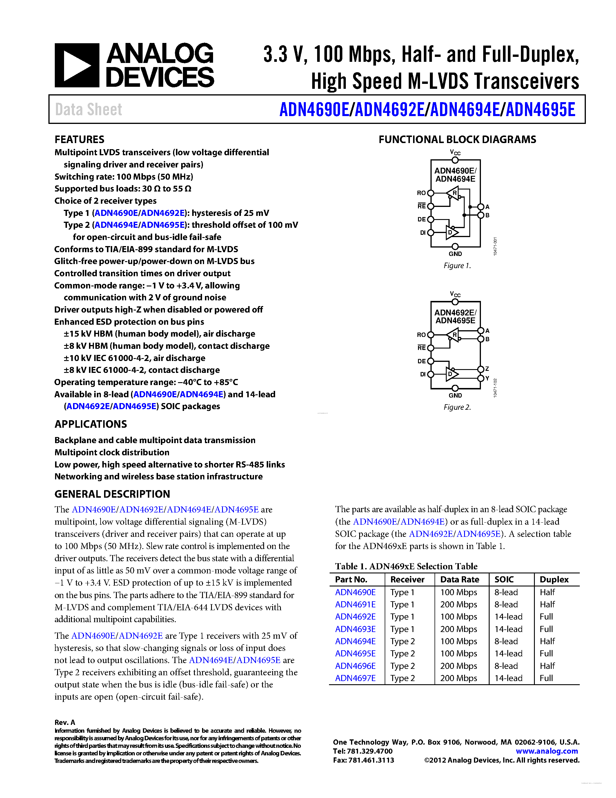 Datasheet ADN4690E - (ADN4690E - ADN4695E) High Speed M-LVDS Transceivers page 1