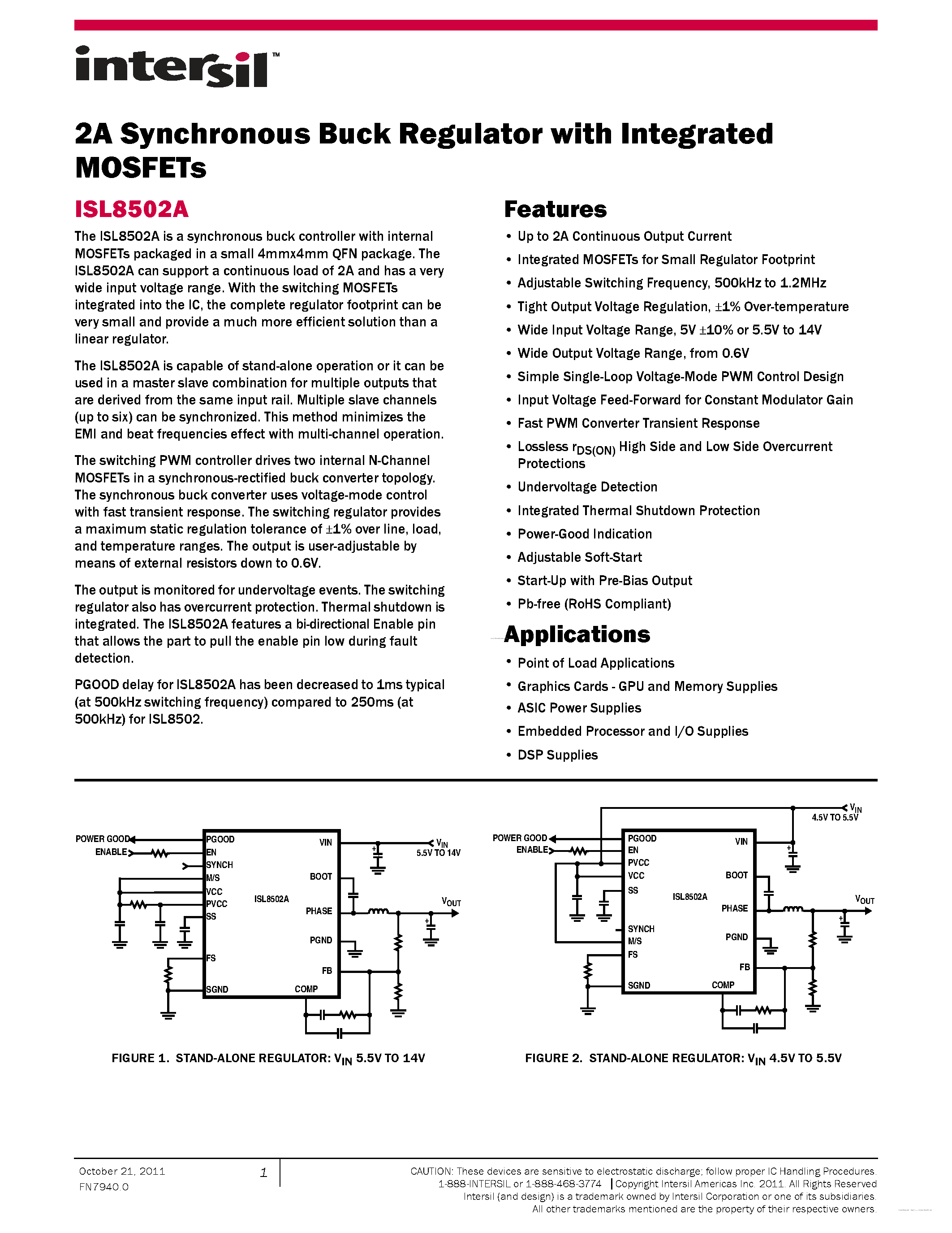 Datasheet ISL8502A - 2A Synchronous Buck Regulator page 1