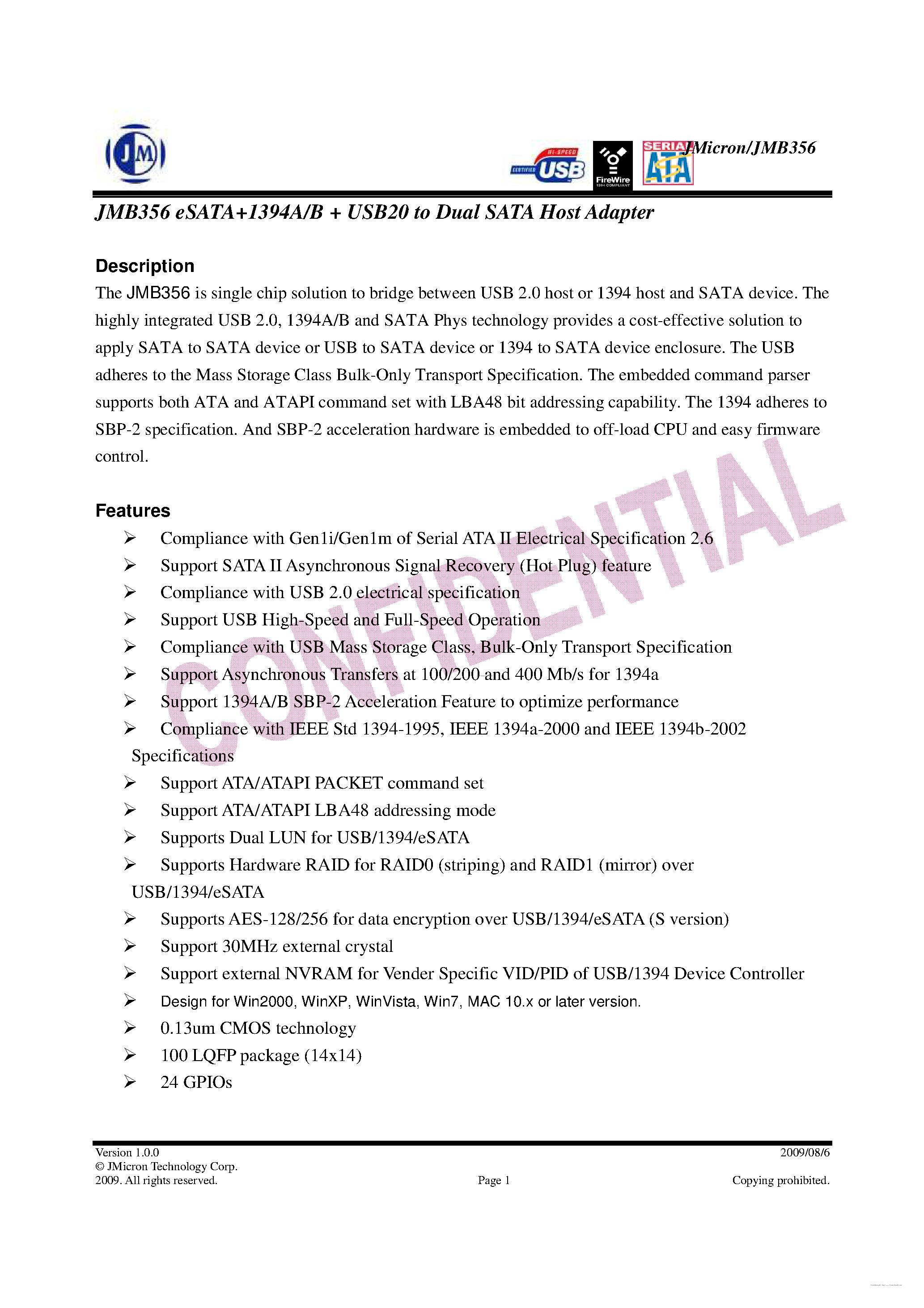 Datasheet JMB356 - eSATA+1394A/B + USB20 to Dual SATA Host Adapter page 1