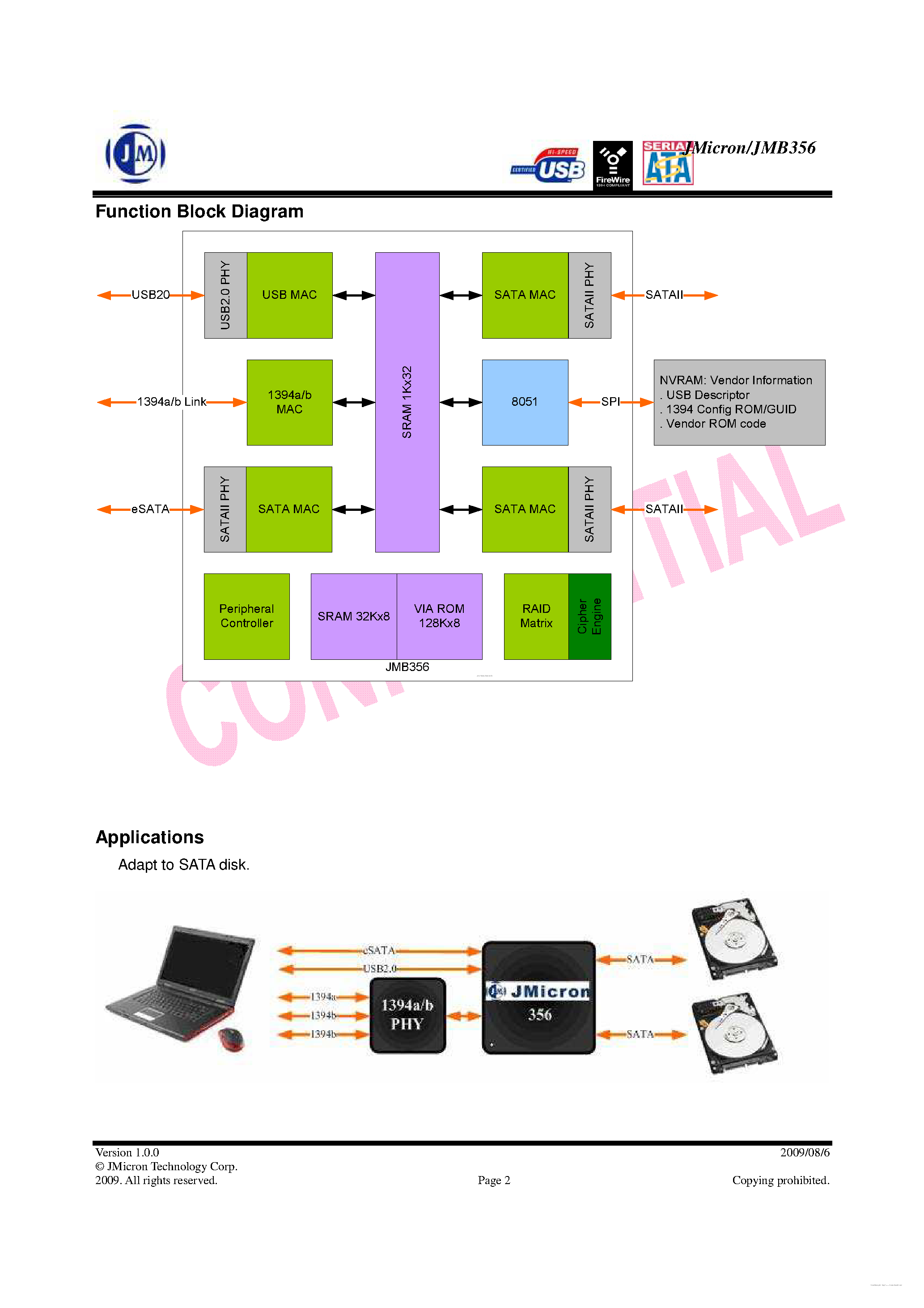 Datasheet JMB356 - eSATA+1394A/B + USB20 to Dual SATA Host Adapter page 2