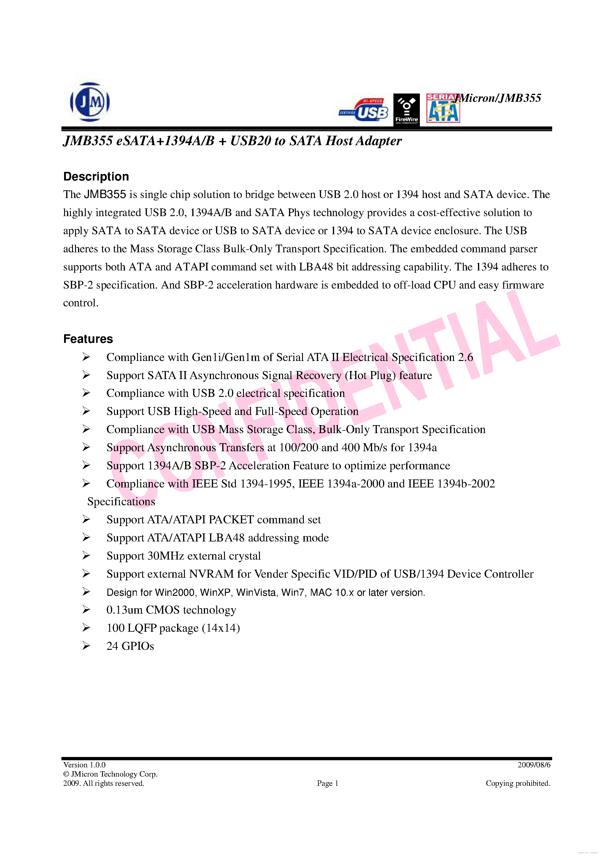 Datasheet JMB355 - eSATA+1394A/B + USB20 to SATA Host Adapter page 1