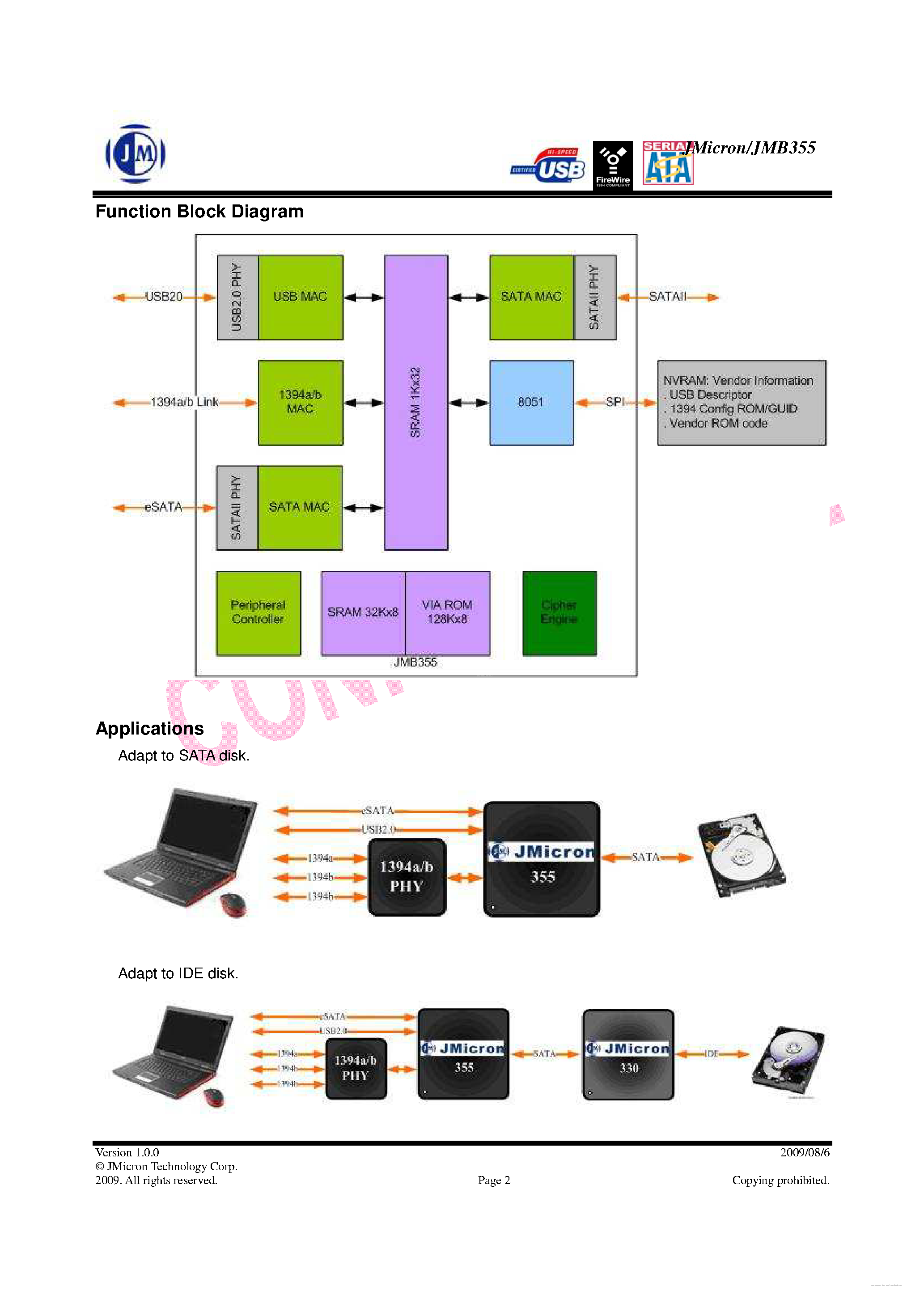 Datasheet JMB355 - eSATA+1394A/B + USB20 to SATA Host Adapter page 2