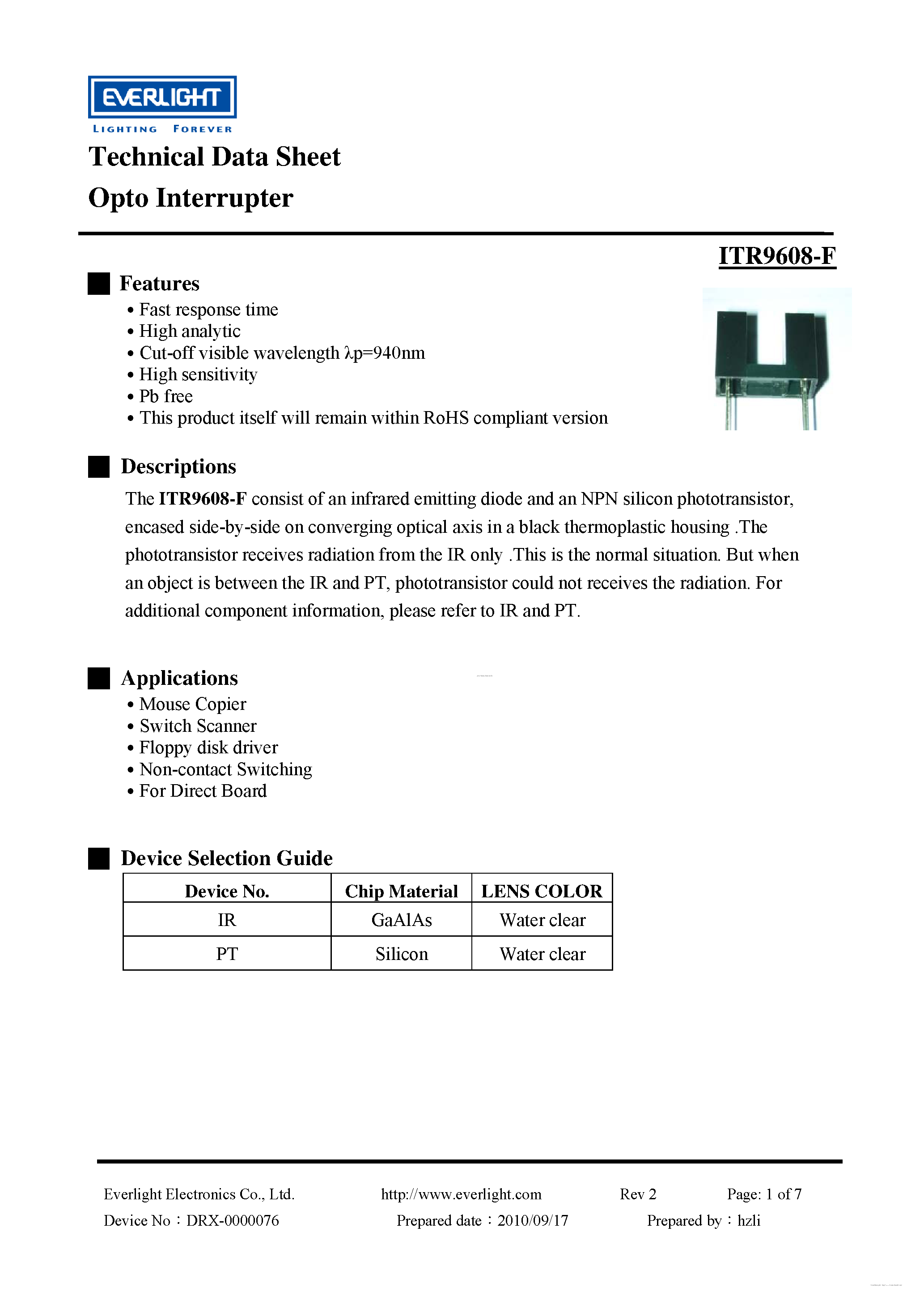 Даташит ITR9608-F - Opto Interrupter страница 1