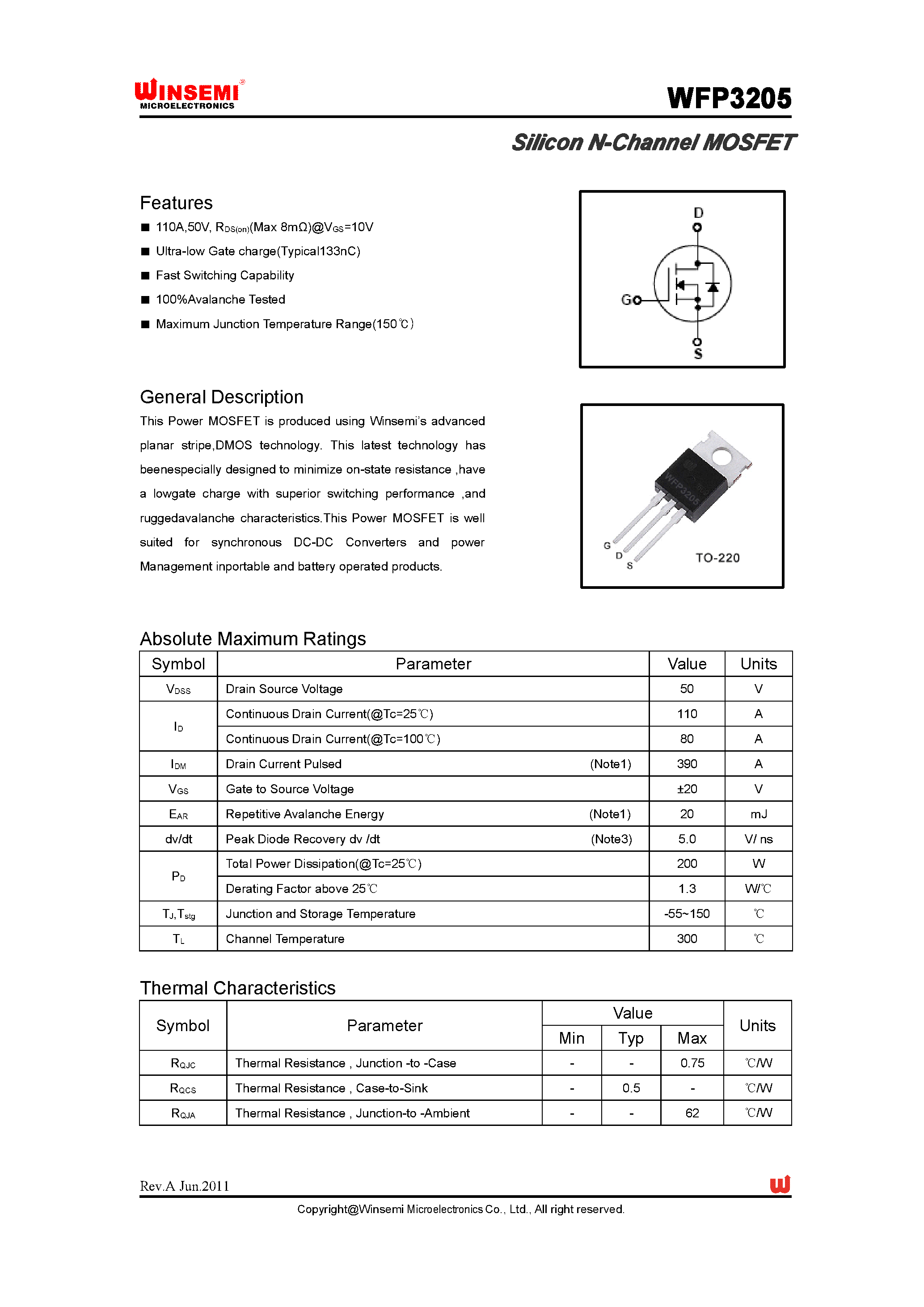 Даташит WFP3205 - Silicon N-Channel MOSFET страница 1