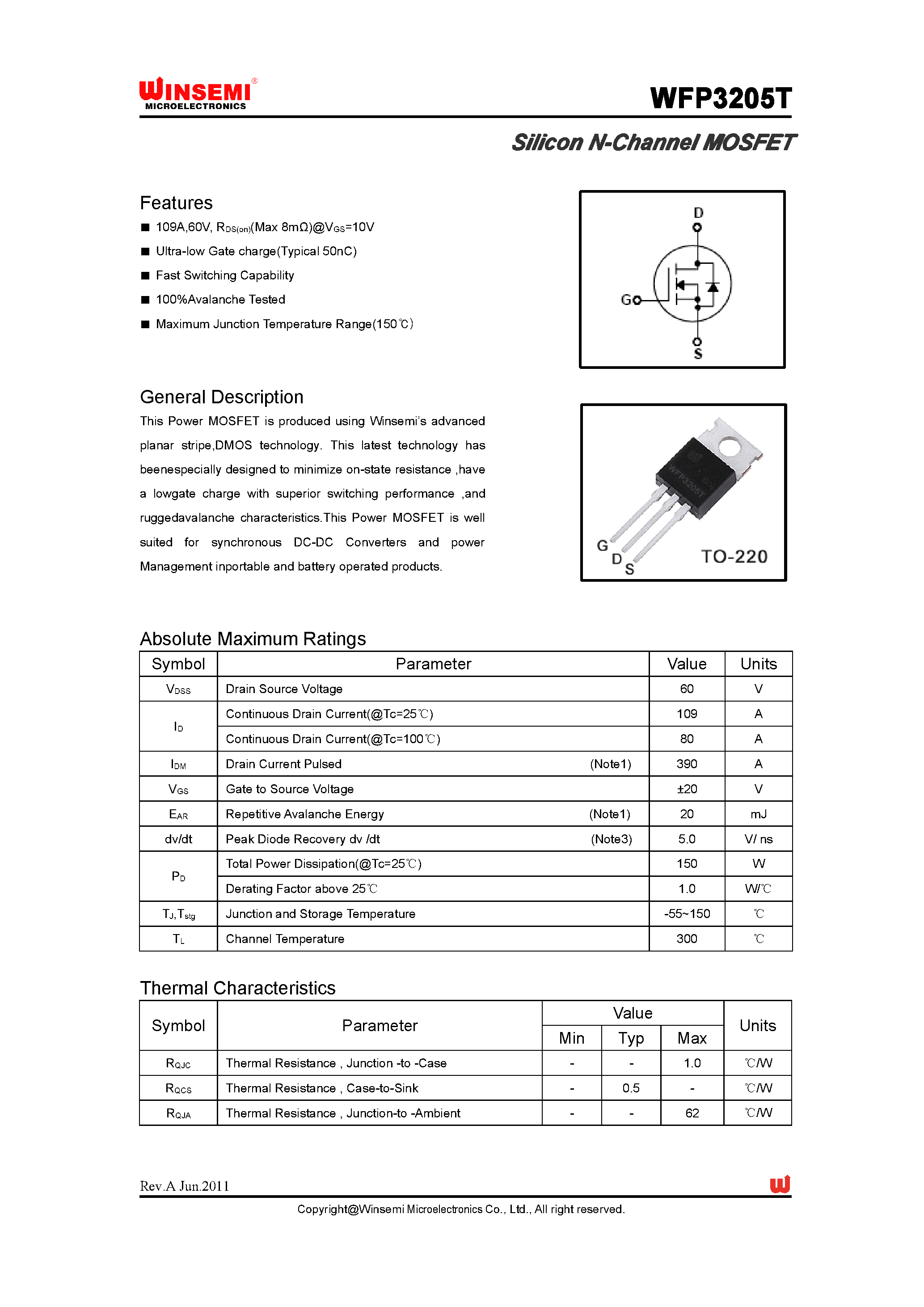 Даташит WFP3205T - Silicon N-Channel MOSFET страница 1