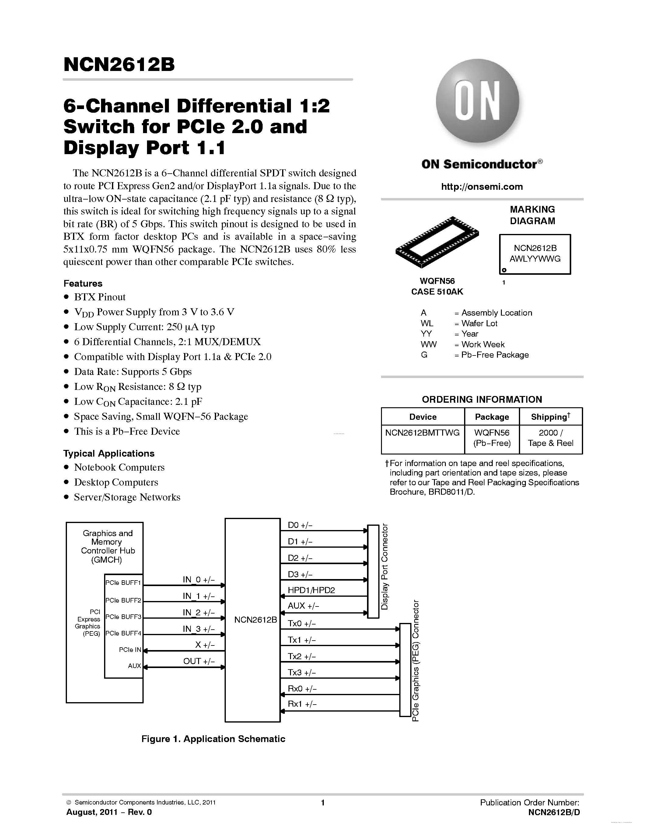 Даташит NCN2612B - 6-Channel Differential 1:2 Switch страница 1