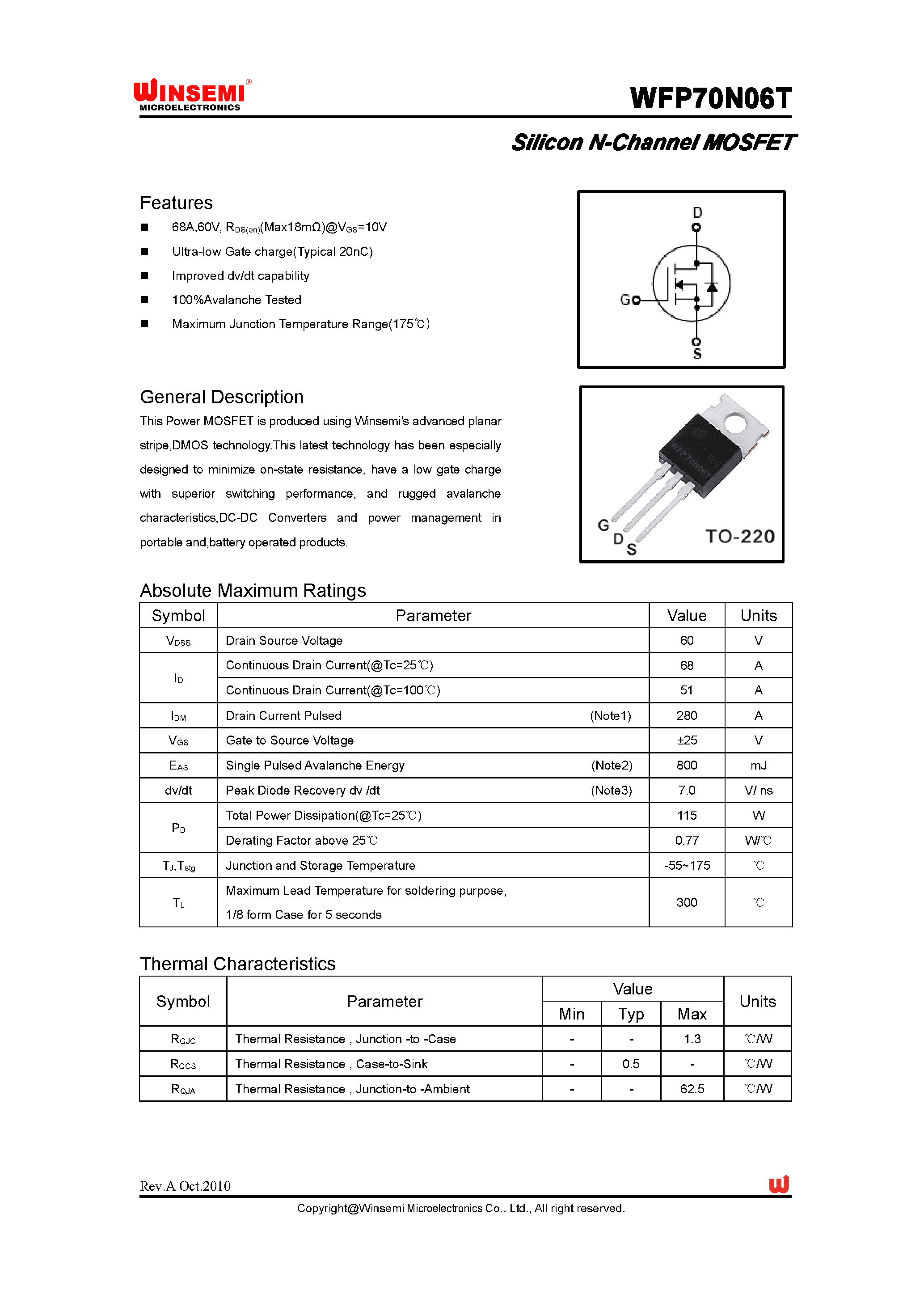 Даташит WFP70N06T - Silicon N-Channel MOSFET страница 1