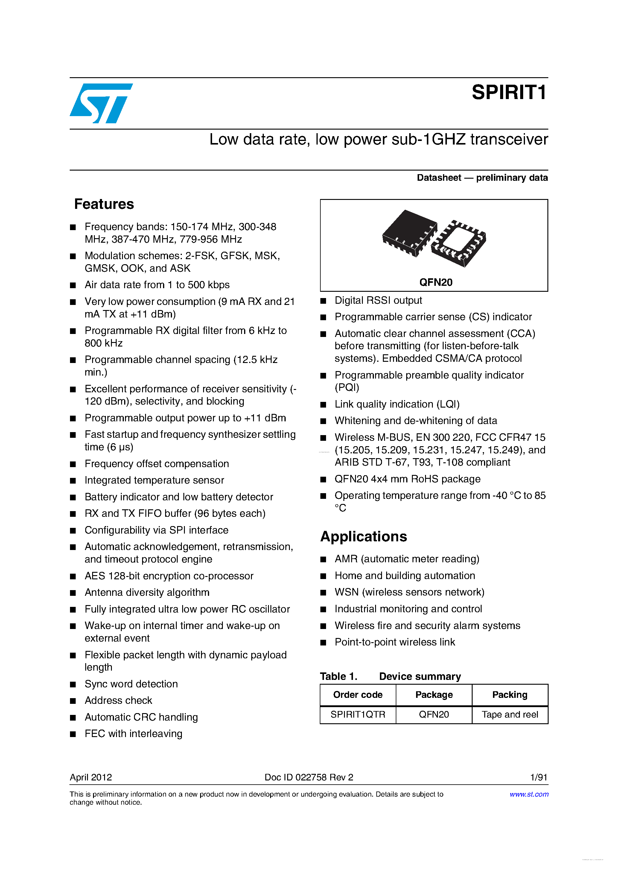 Даташит SPIRIT1 - low power sub-1GHZ transceiver страница 1