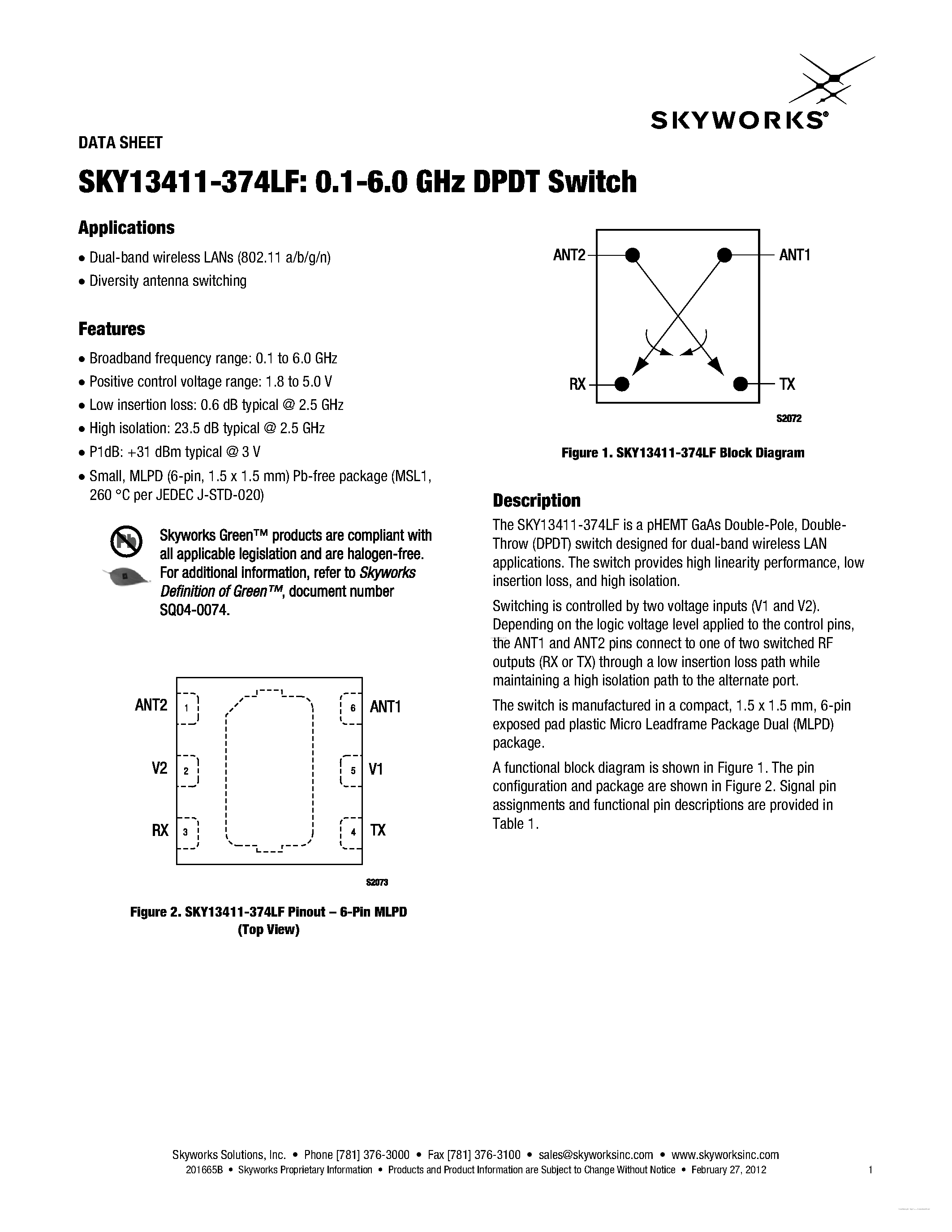 Даташит SKY13411-374LF - 0.1-6.0 GHz DPDT Switch страница 1