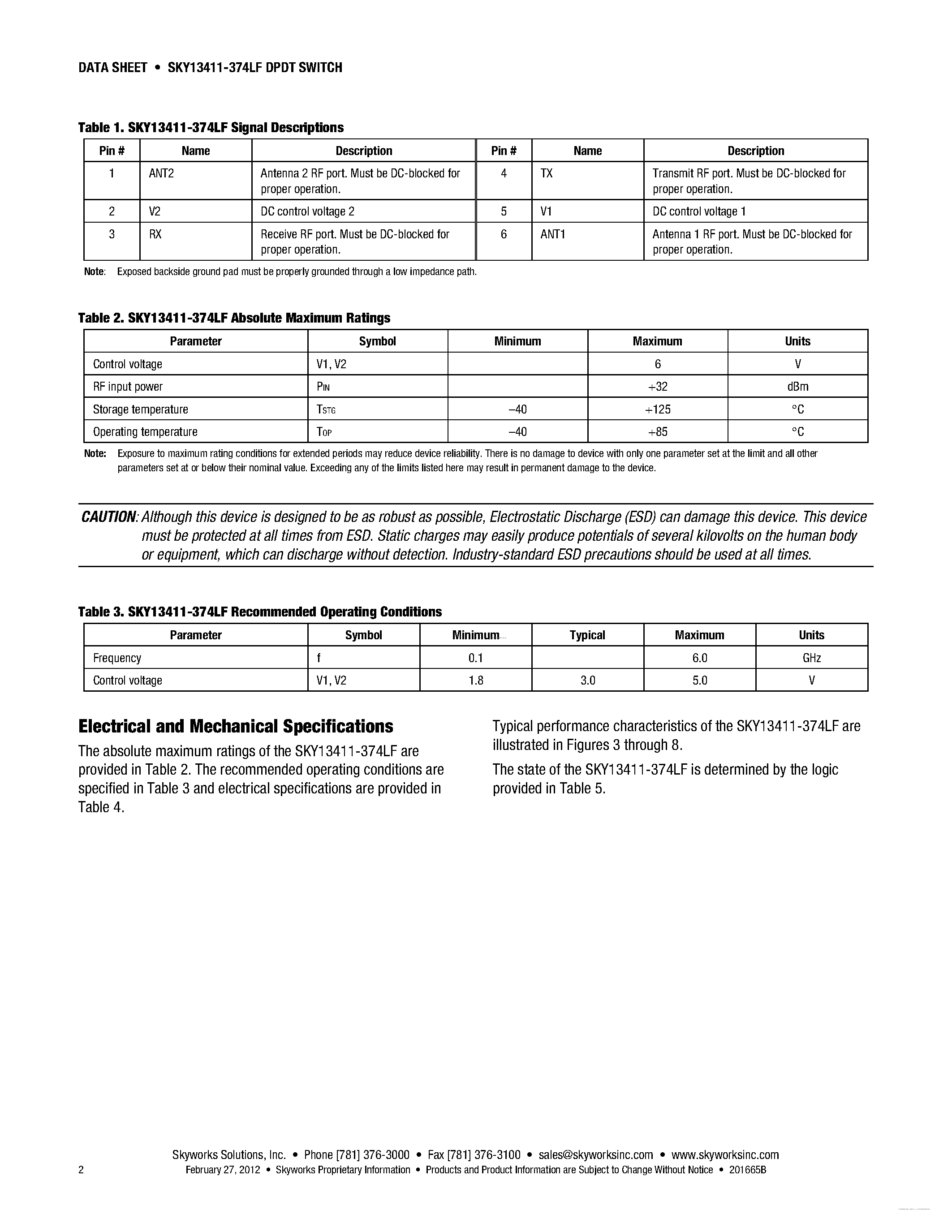 Даташит SKY13411-374LF - 0.1-6.0 GHz DPDT Switch страница 2