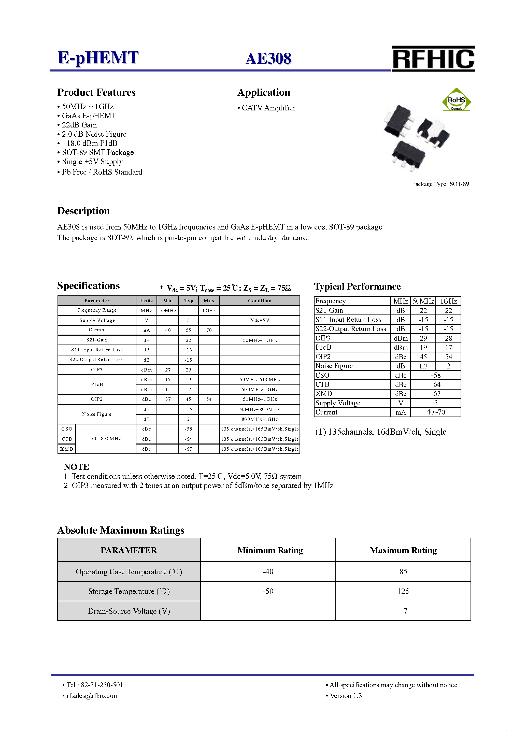 Datasheet AE308 - E-pHEMT page 1