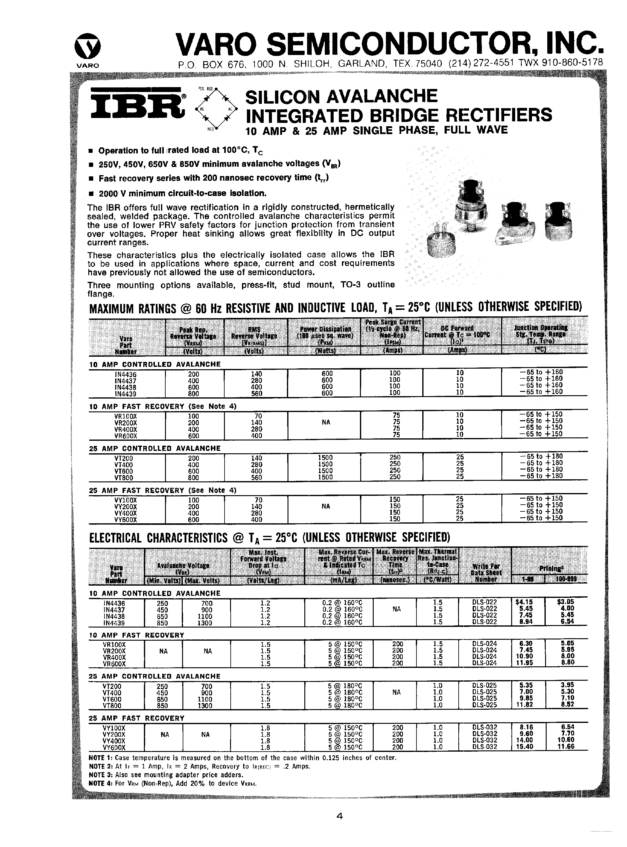 Datasheet VY400X - Silicon Avalanche Integrated Bridge Rectifiers page 1