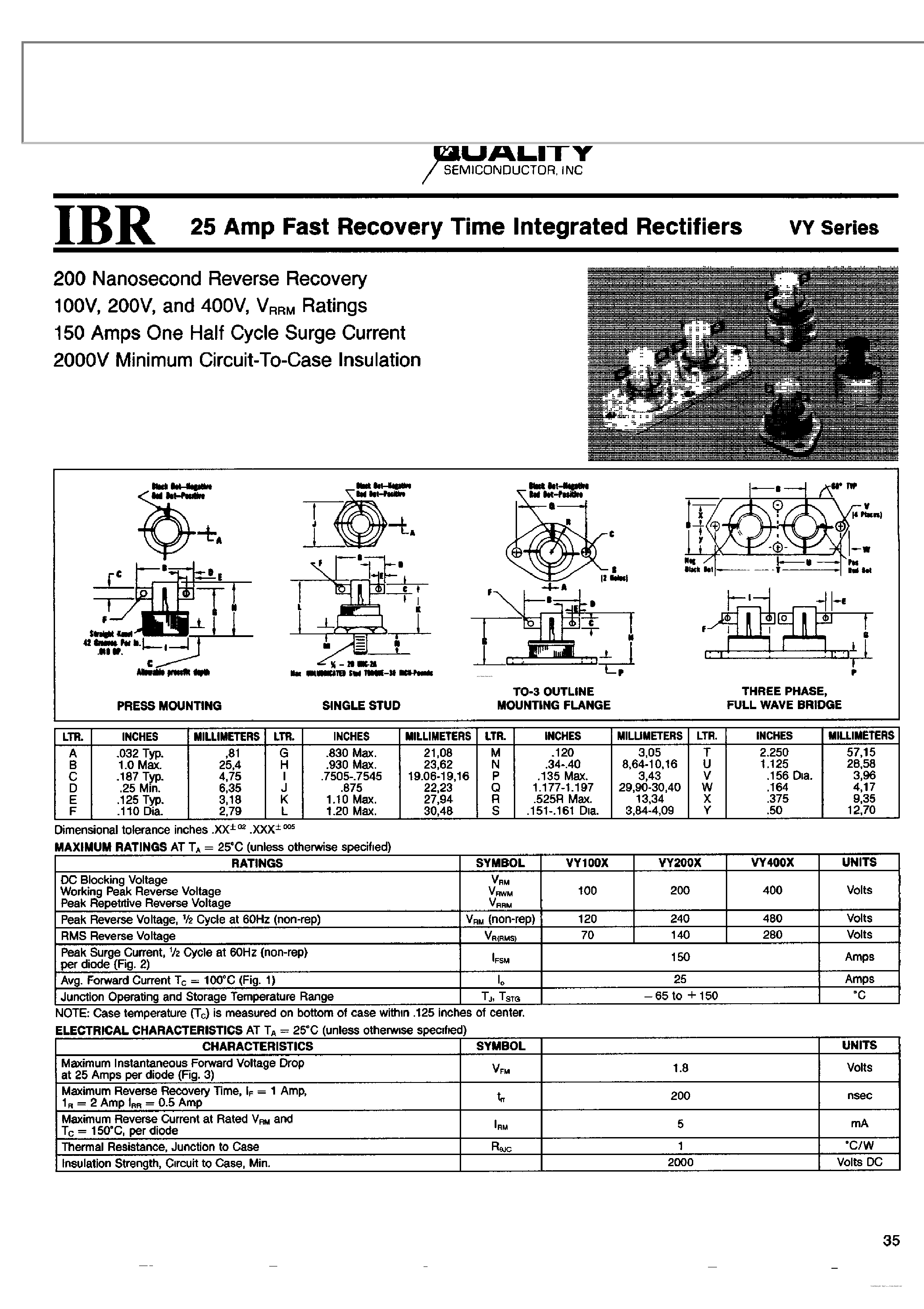 Datasheet VY400X - 25 Amp Fast Recovery Time Integrated Rectifiers page 1