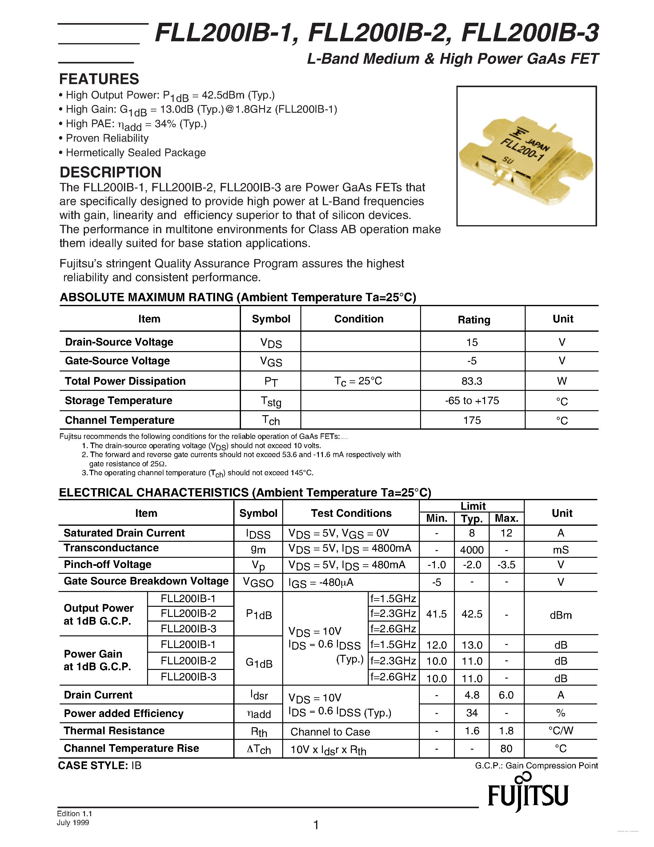 Даташит FLL200IB-1 - (FLL200IB-1/-2/-3) L-Band Medium & High Power GaAs FET страница 1