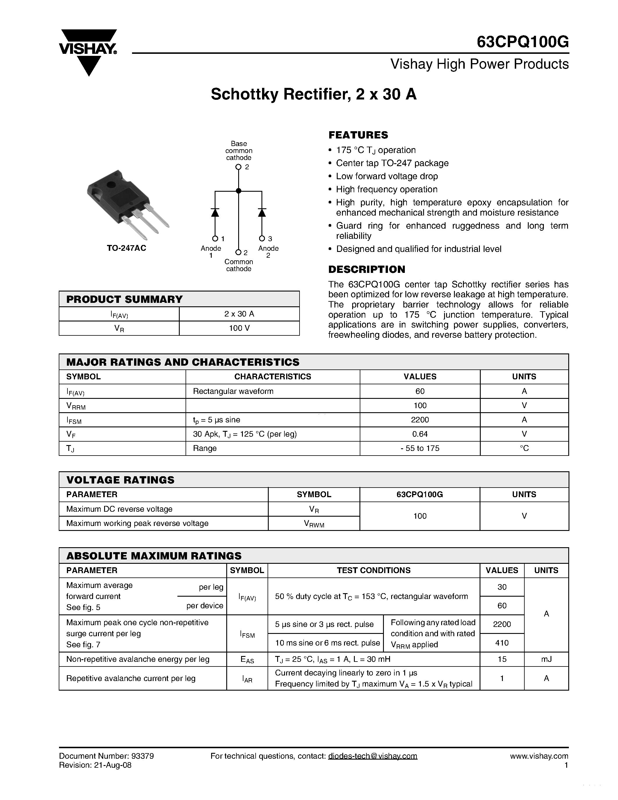 Datasheet 63CPQ100G - Schottky Rectifie page 1