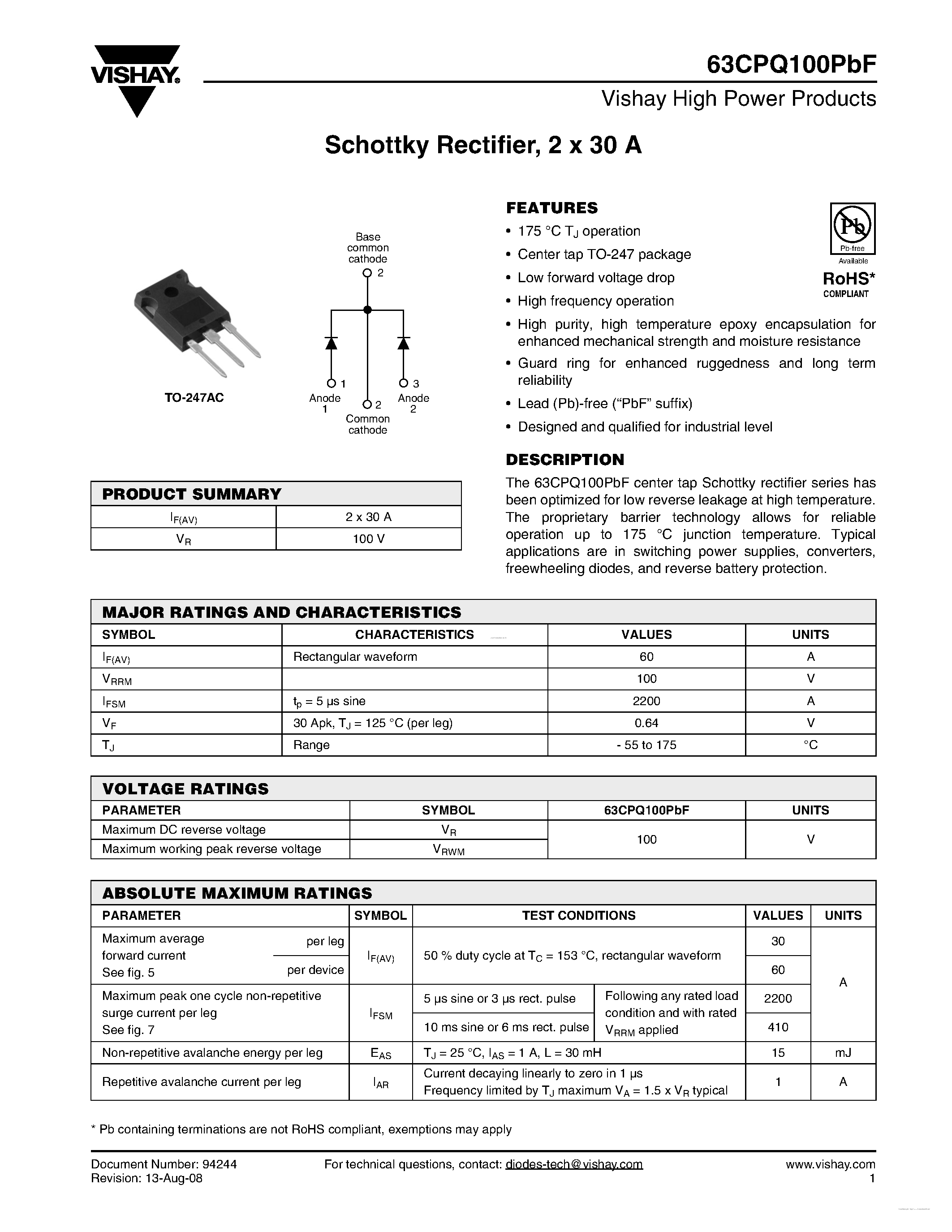 Datasheet 63CPQ100PBF - Schottky Rectifie page 1