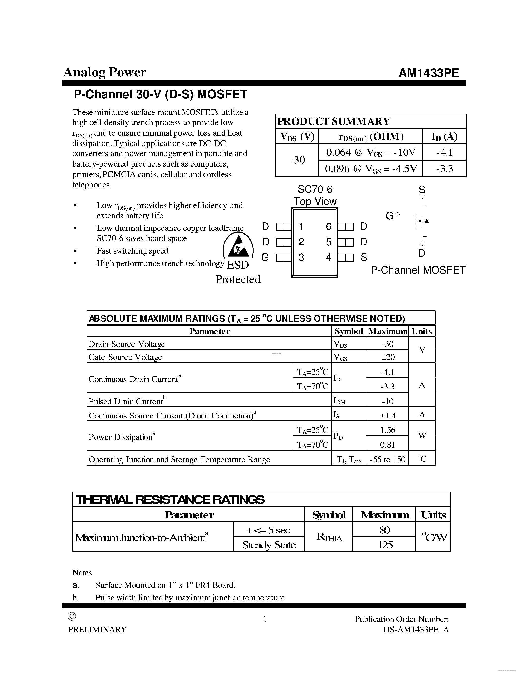 Даташит AM1433PE - P-Channel 30-V (D-S) MOSFET страница 1