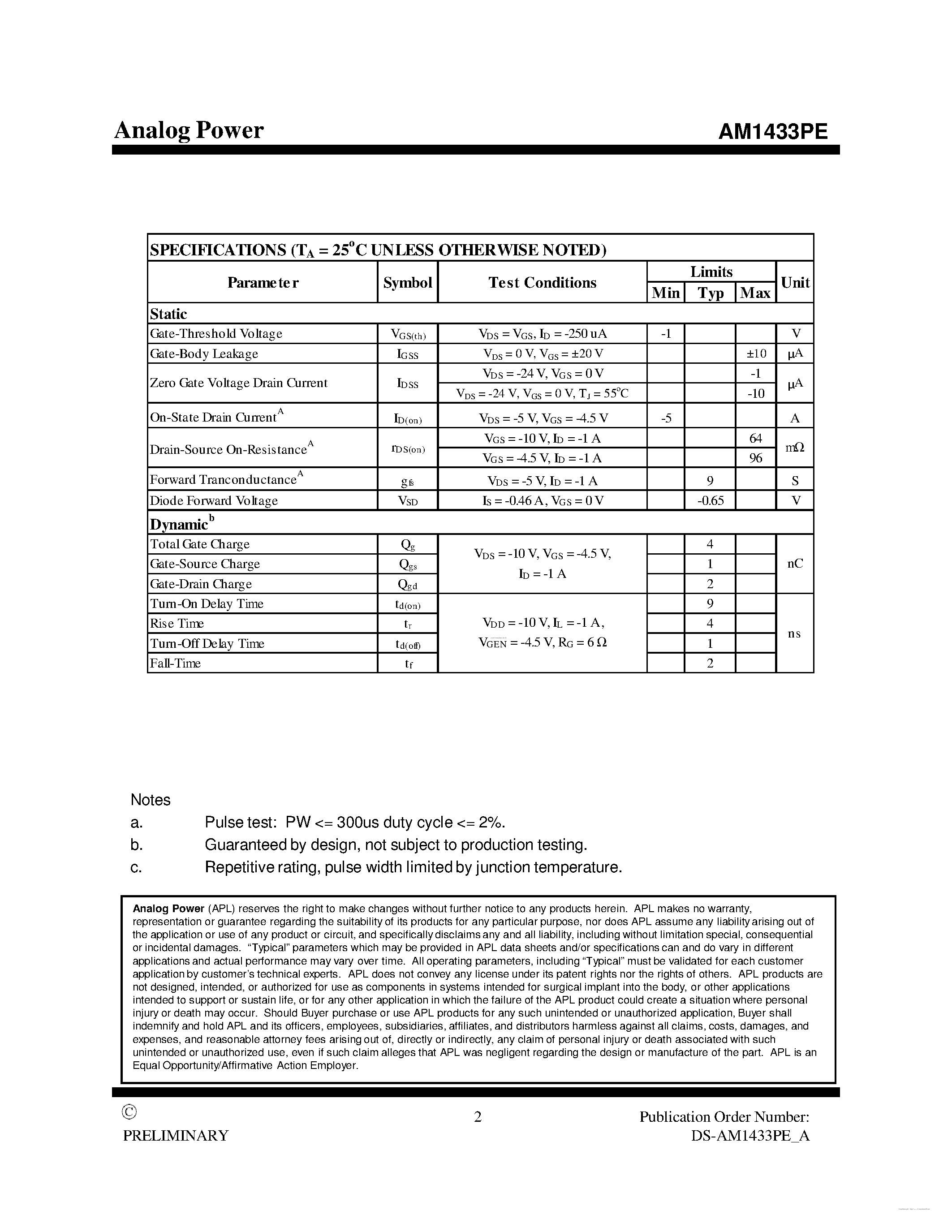 Даташит AM1433PE - P-Channel 30-V (D-S) MOSFET страница 2