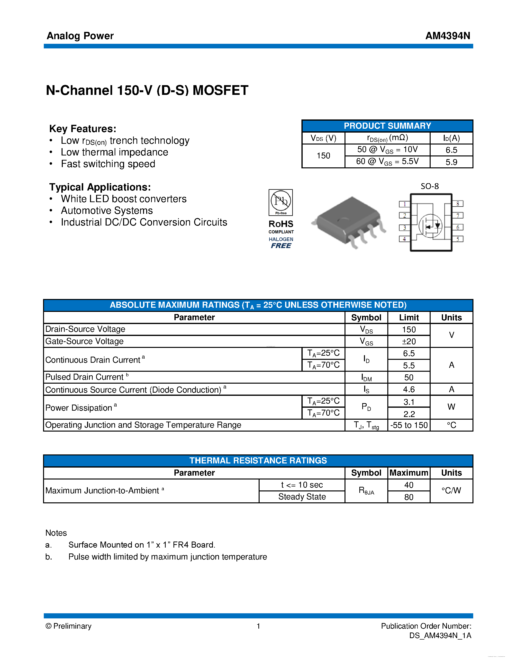 Datasheet AM4394N - MOSFET page 1