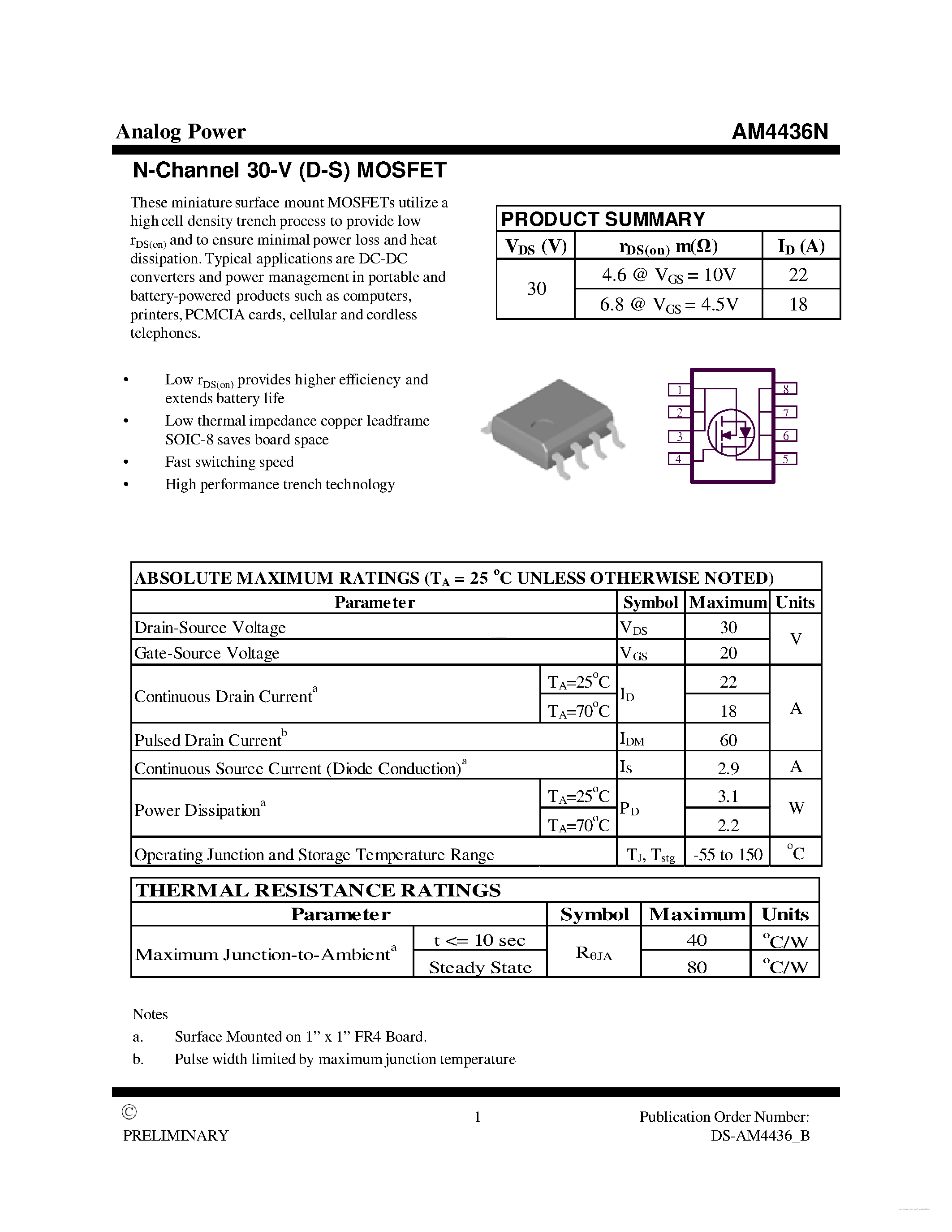 Даташит AM4436N - MOSFET страница 1