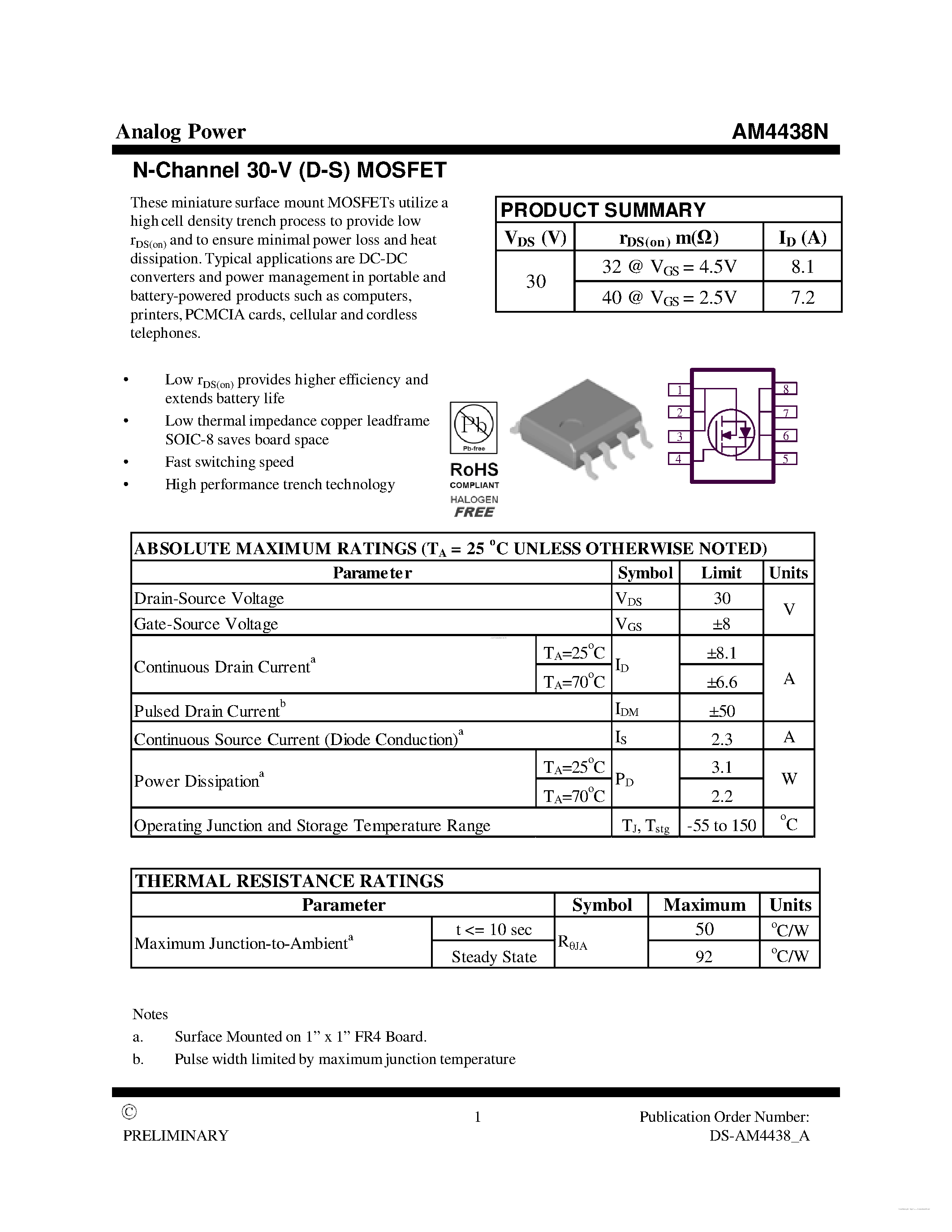 Datasheet AM4438N - MOSFET page 1