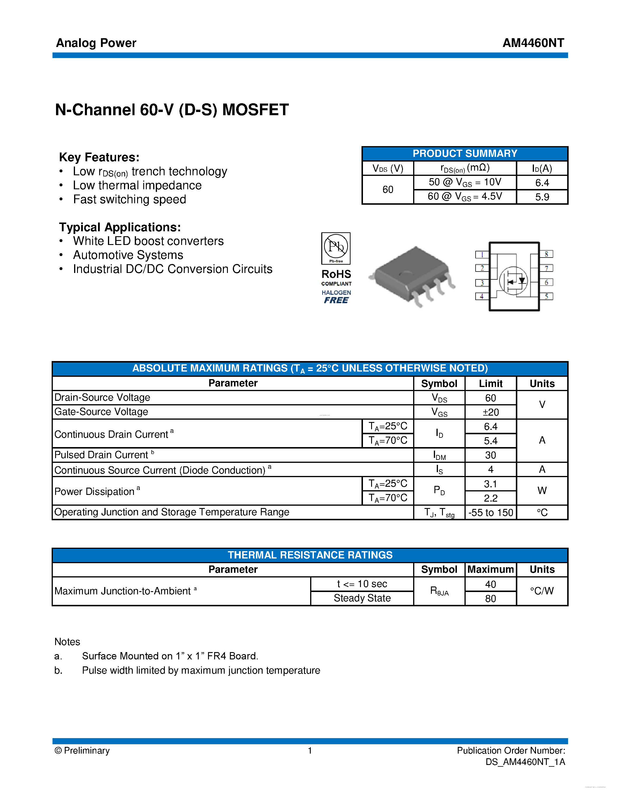 Даташит AM4460NT - MOSFET страница 1